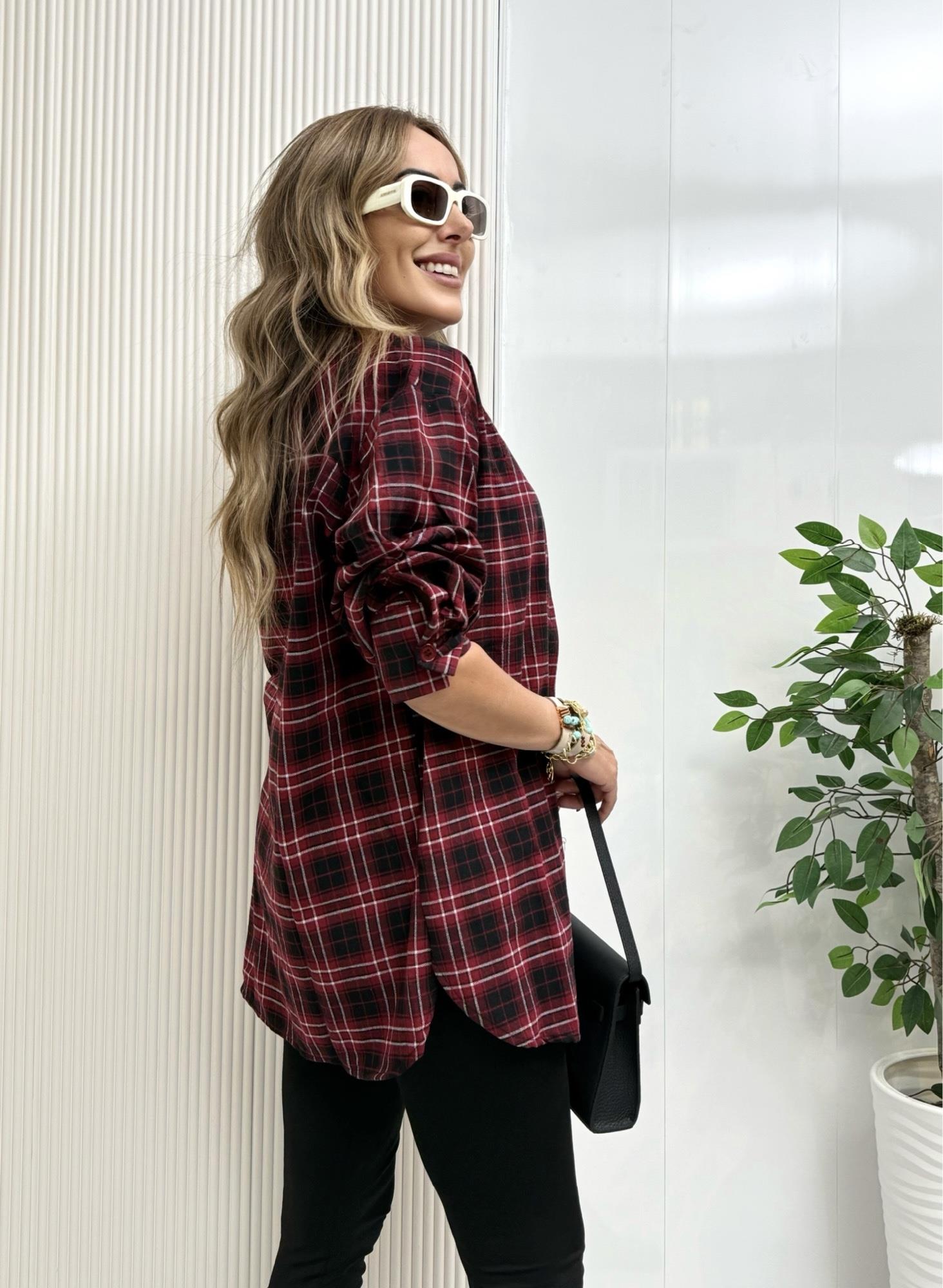 MODAYBUTİKBordo Kareli Oversize Oduncu Gömlek 