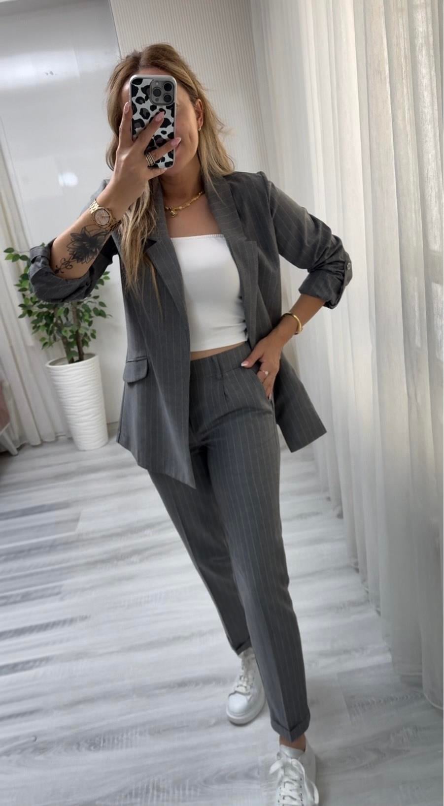 MODAYBUTİKBusiness Line Gri Çizgili Takım