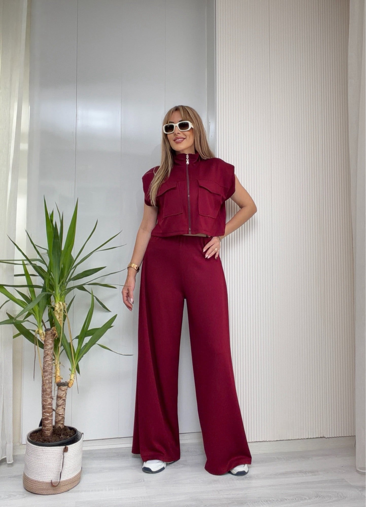 MODAYBUTİKBüyük Cep Detaylı Dik Yaka Bordo Yelek Palazzo Takım