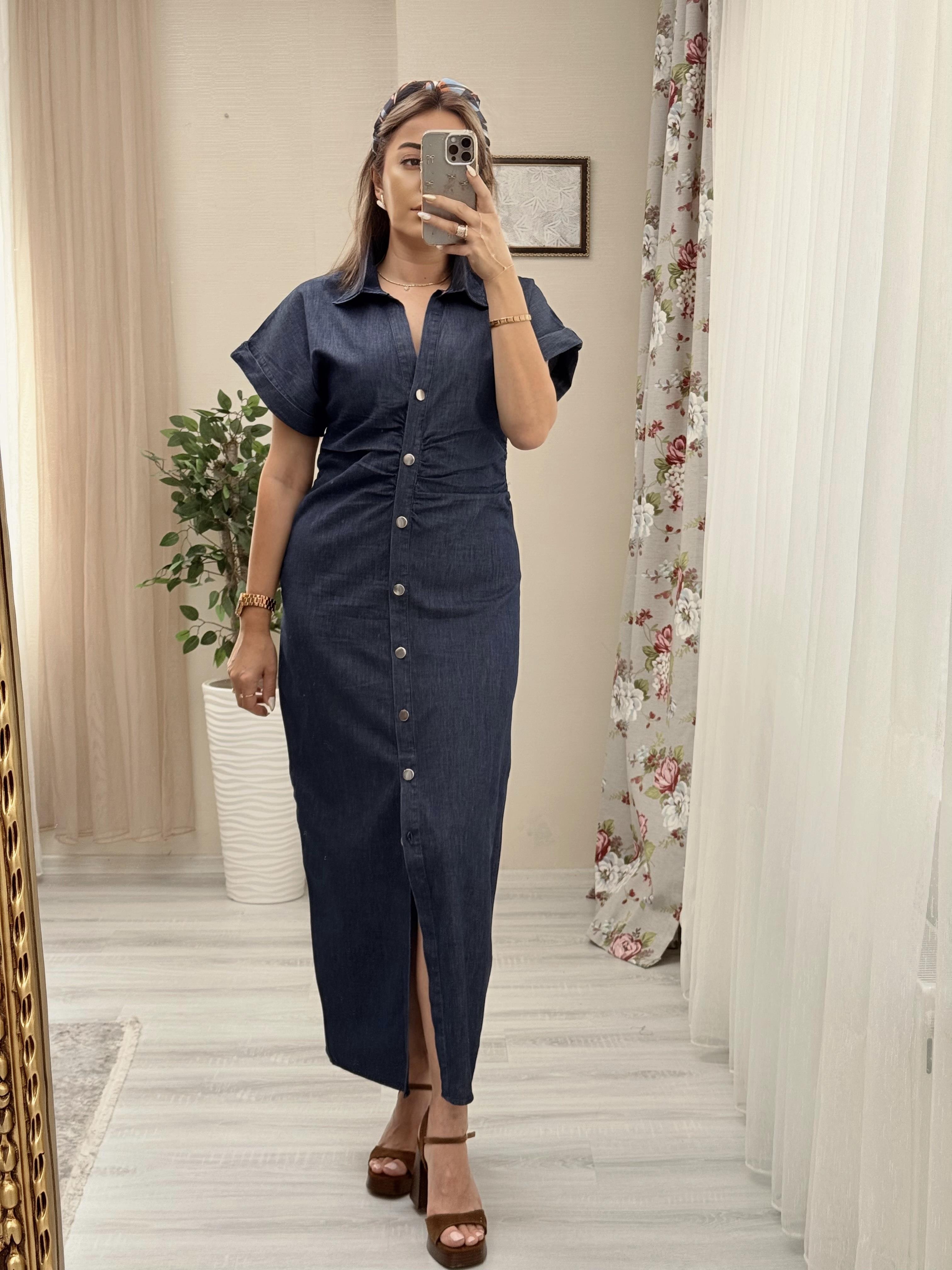 MODAYBUTİKBüzgülü Laci Denim Kalem Elbise 