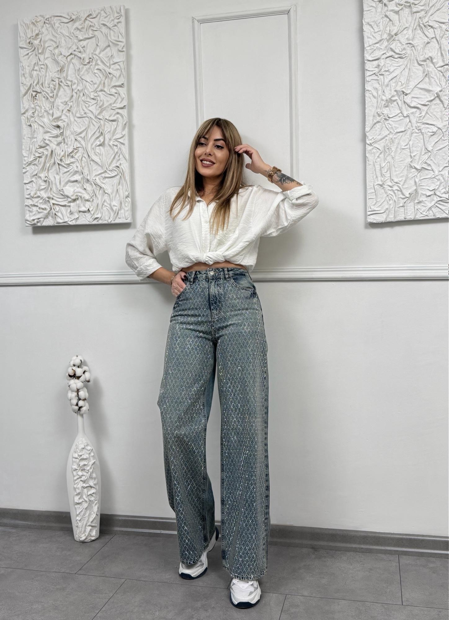 MODAYBUTİKDiamond Taş Baskılı Wide Leg Jean