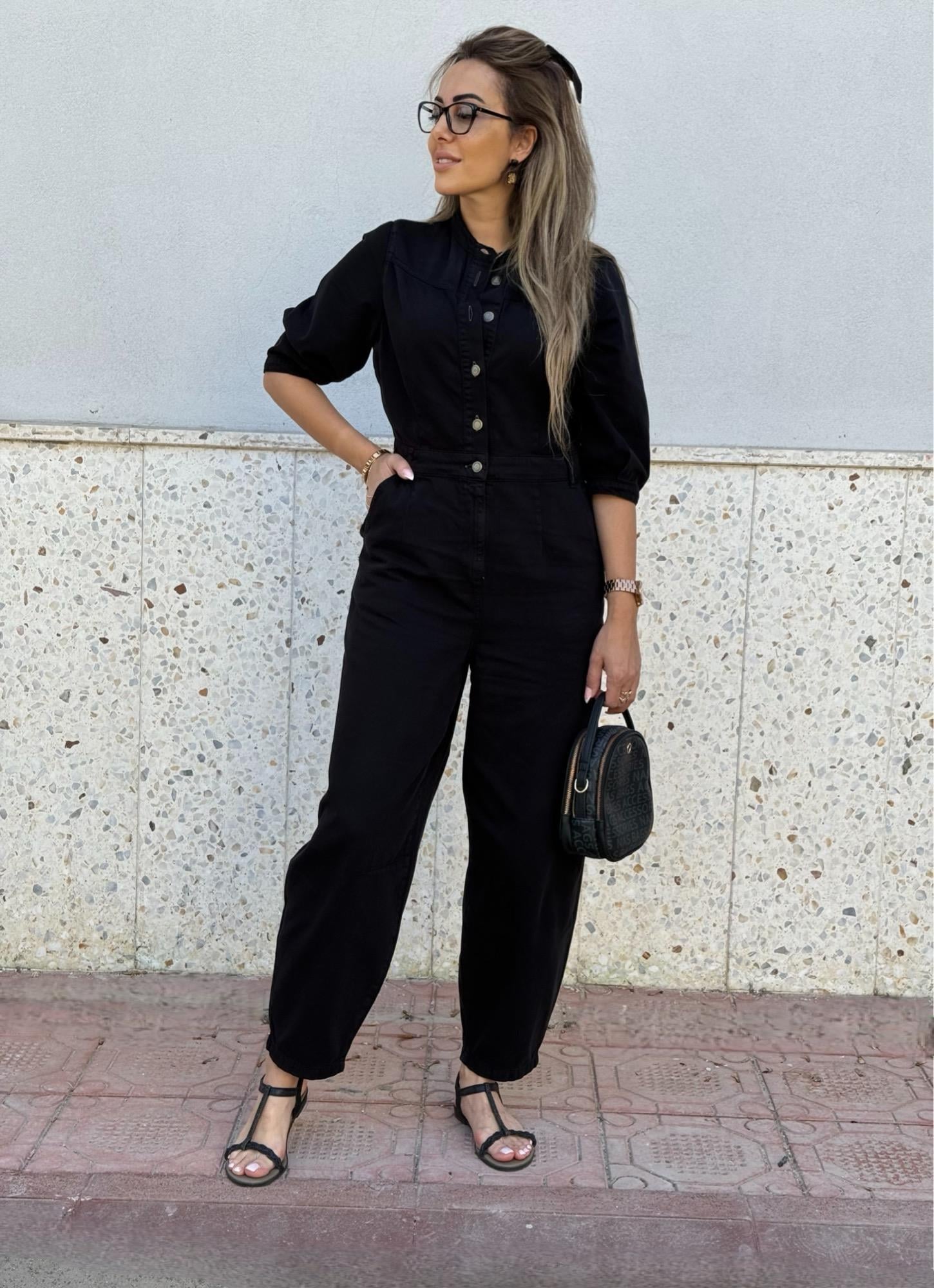 MODAYBUTİKDik Yaka Siyah Denim Tulum