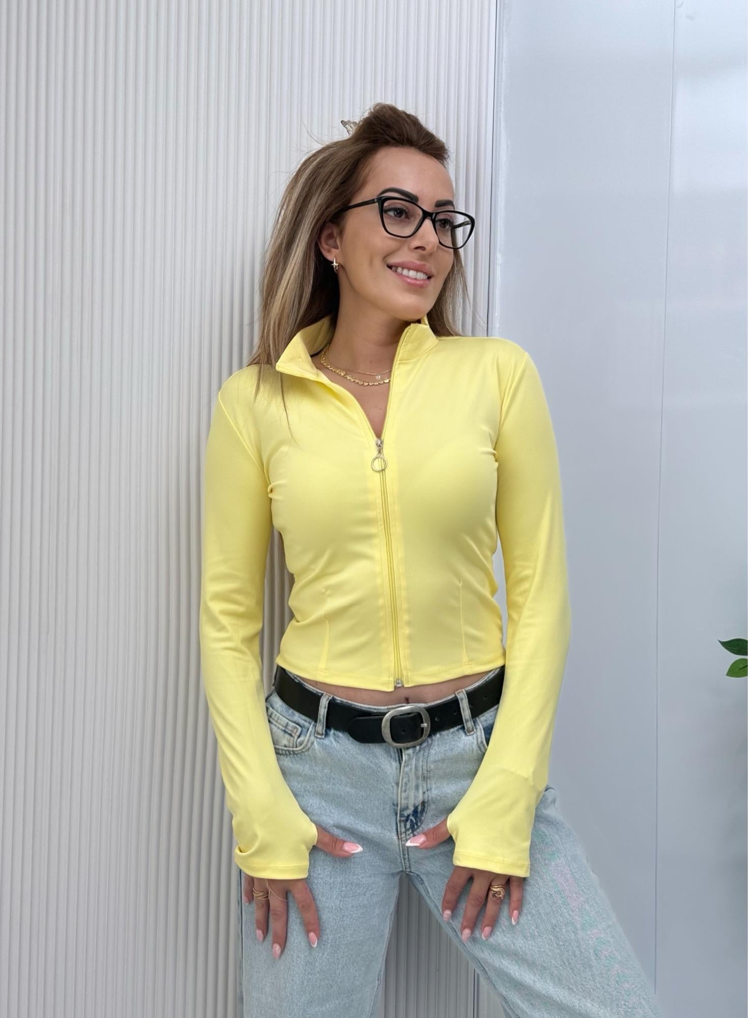 MODAYBUTİKFit Sarı Parmak Geçirmeli Fermuarlı Bluz 