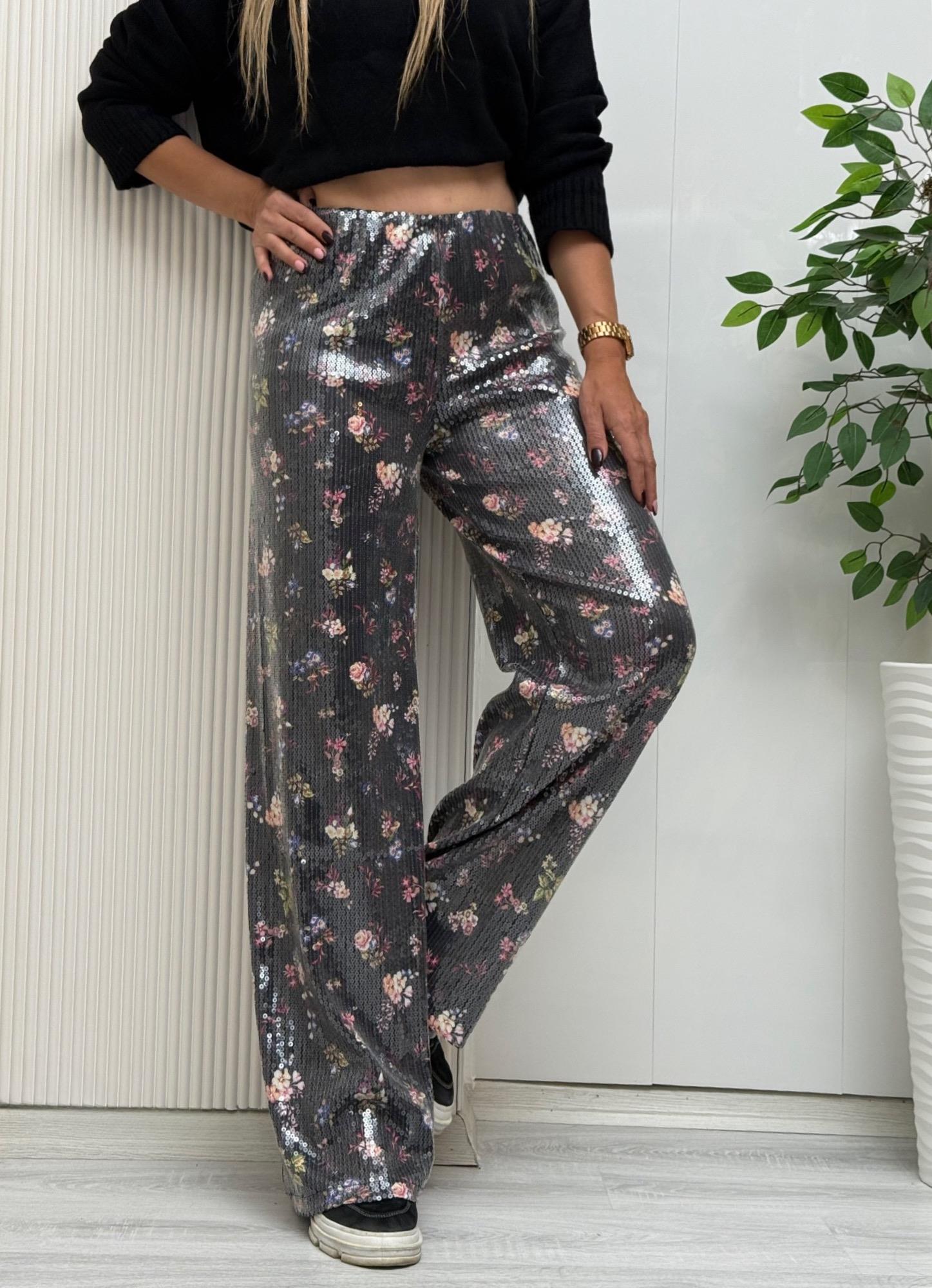 MODAYBUTİKFlora Çiçek Desenli Siyah Payetli Pantolon 