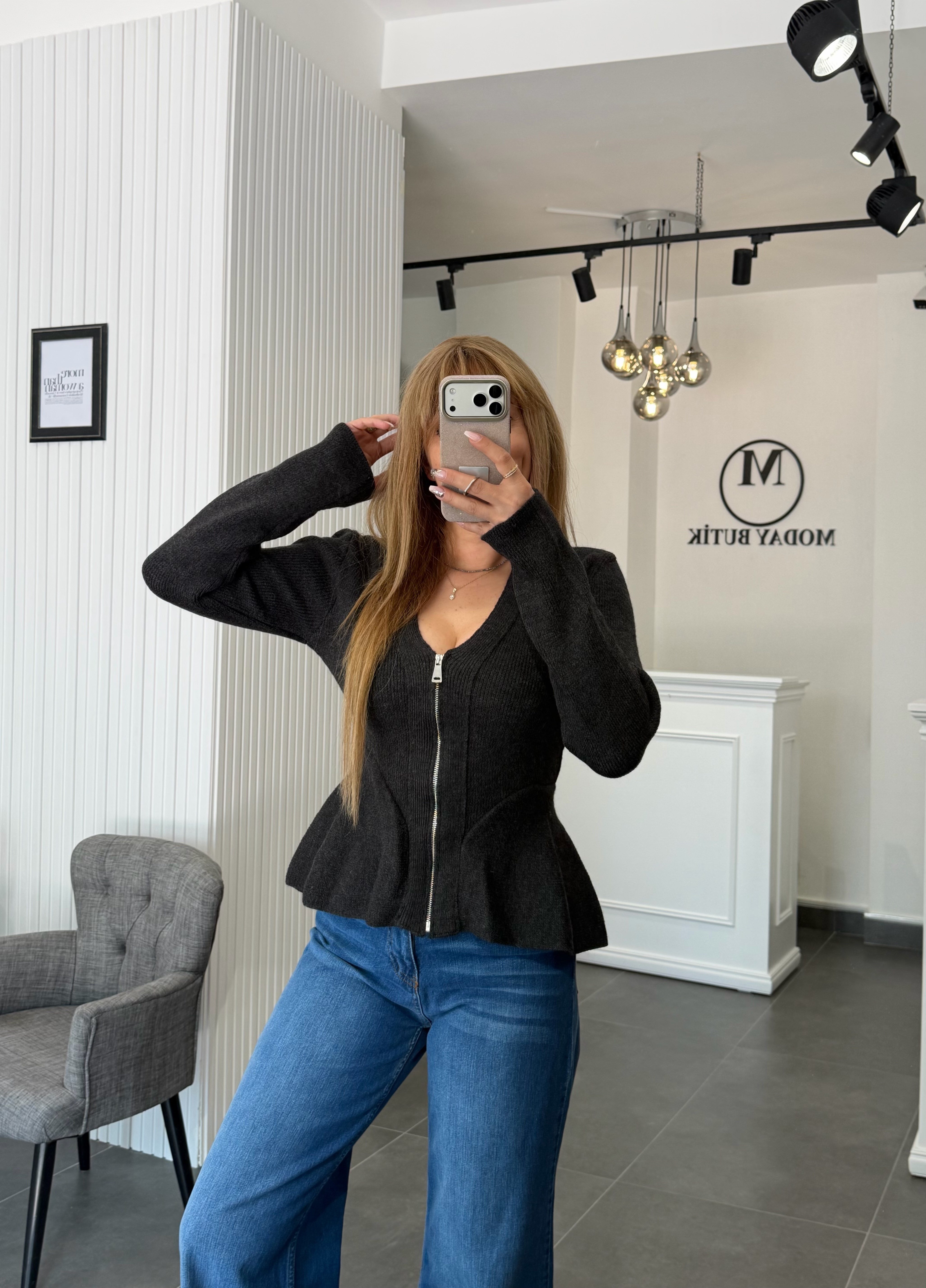 MODAYBUTİKFüme Önden Fermuarlı Peplum Yün Hırka