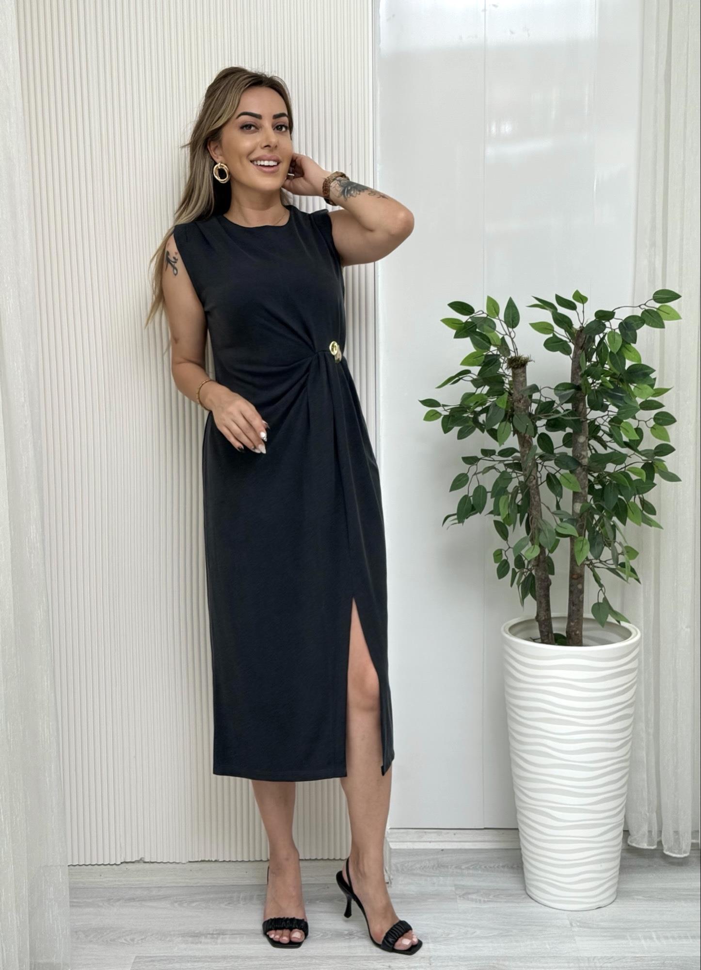 MODAYBUTİKGold Düğmeli Antrasit Drapeli Modal Elbise