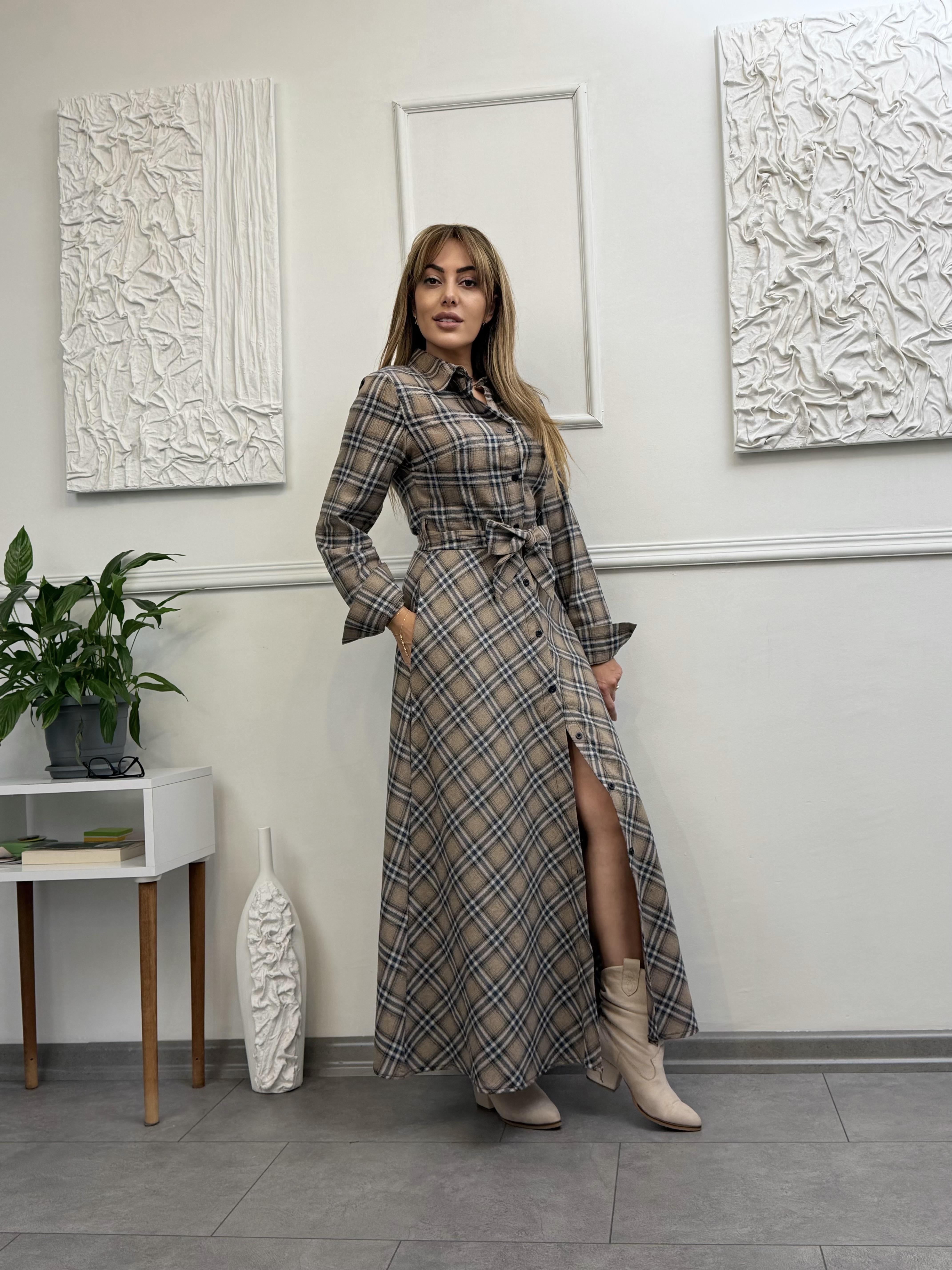 MODAYBUTİKİmperial Krem Ekose Maxi Gömlek Elbise