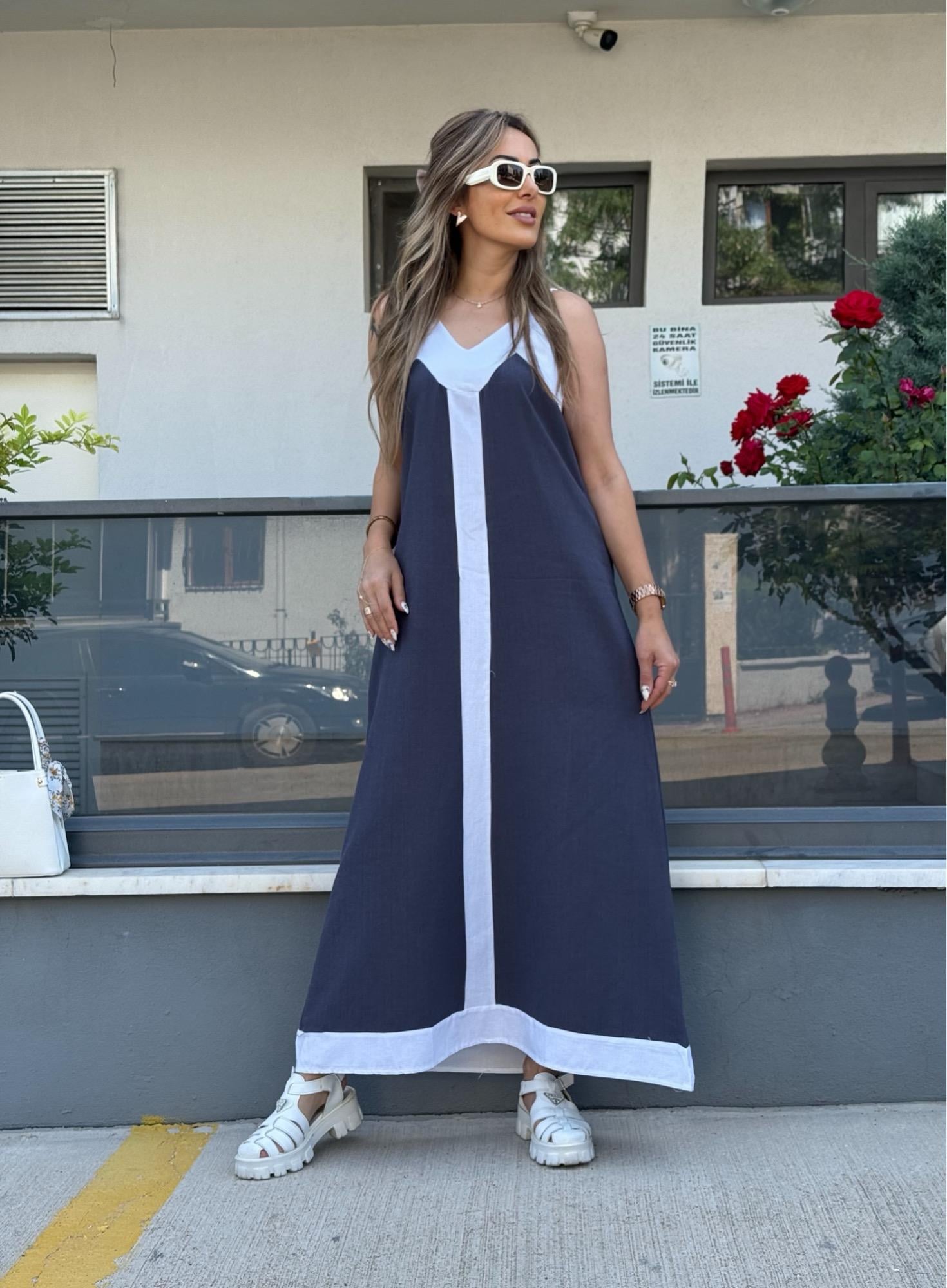 MODAYBUTİKİp Askılı Beyaz Şeritli Antrasit Maxi Boy Elbise 