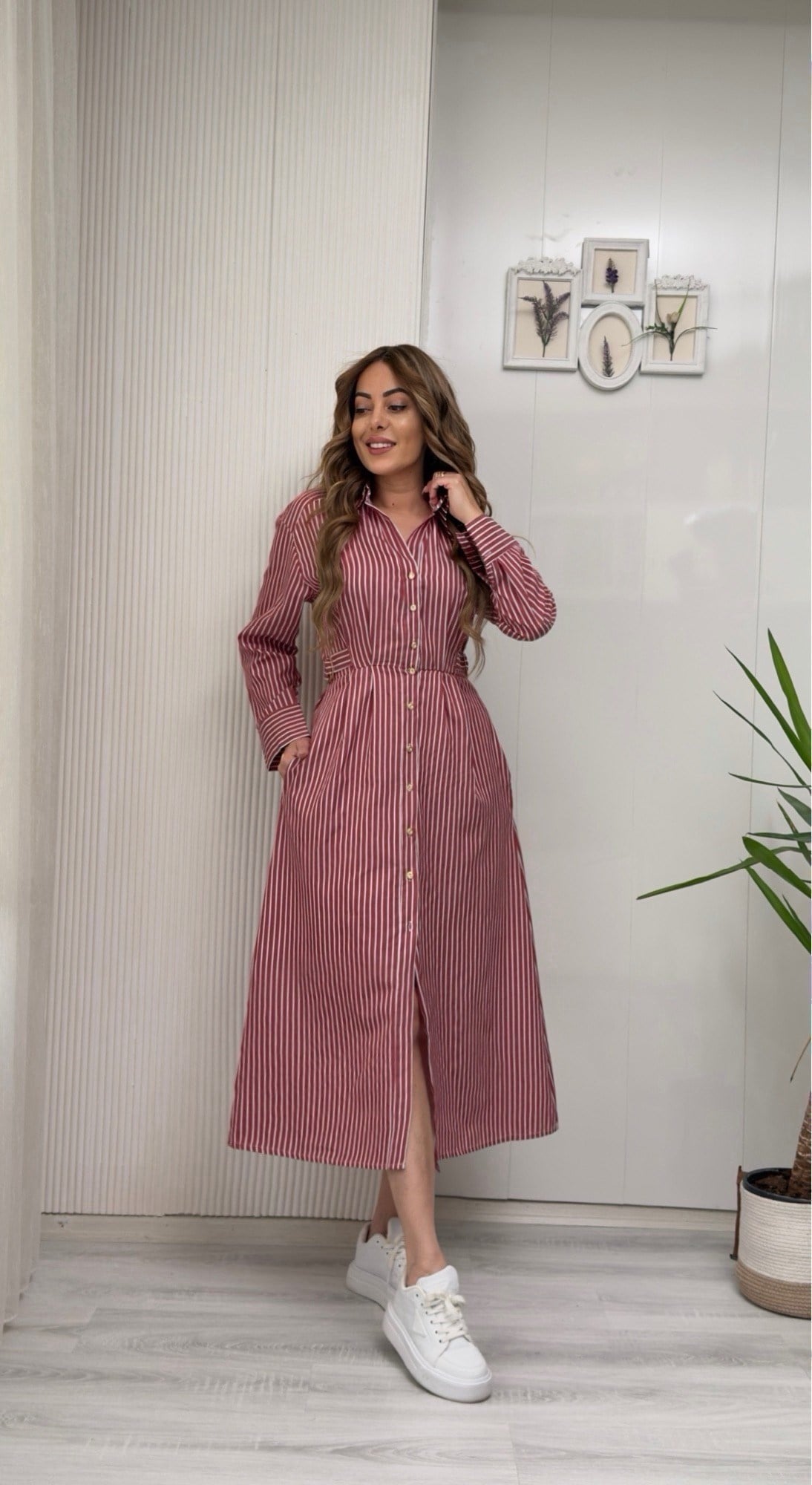 MODAYBUTİKMarina Çizgili Kırmızı Gömlek Elbise 