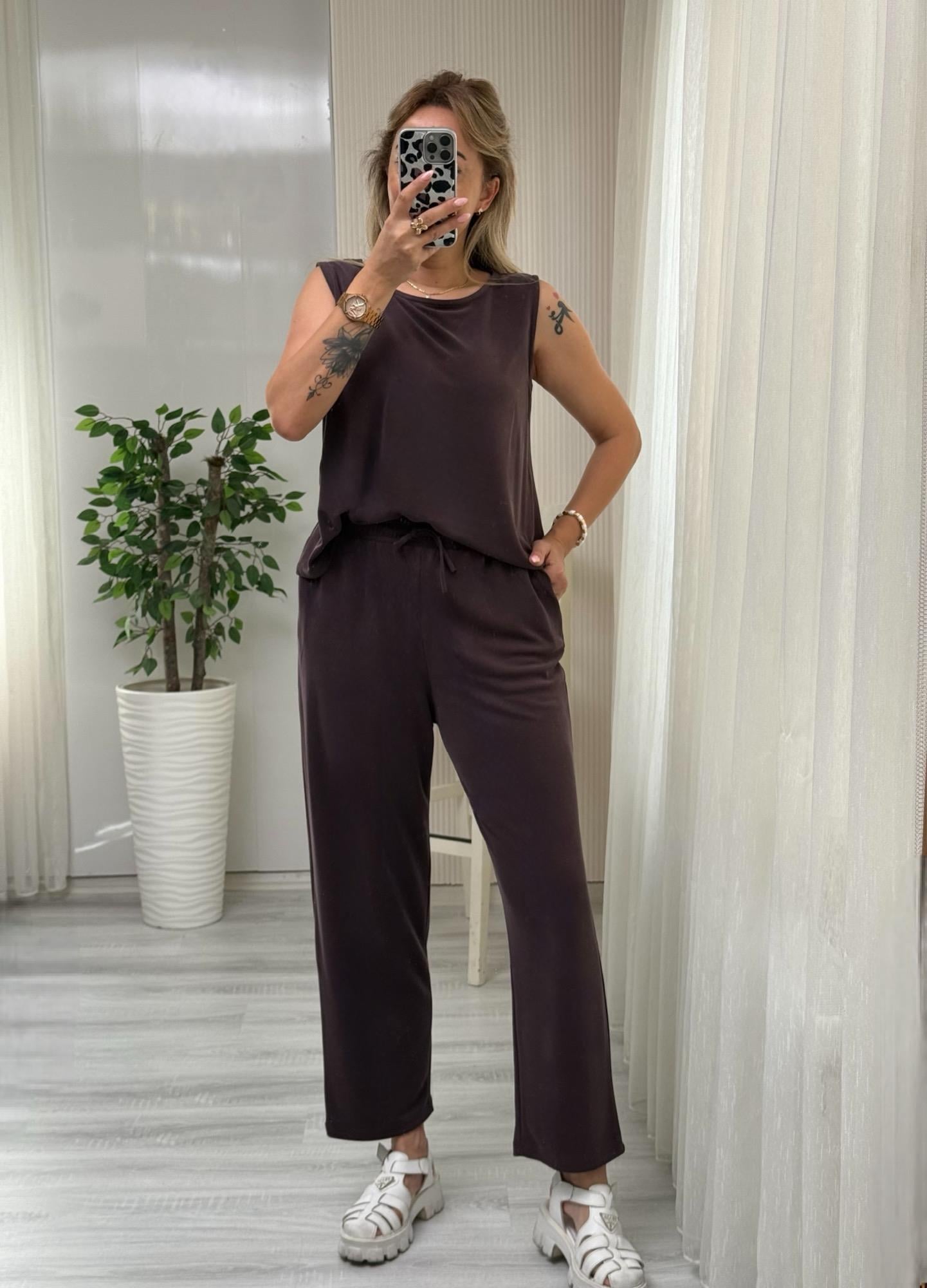 MODAYBUTİKModal Pike Kumaş Acı Kahve Bluz PantolonTakım
