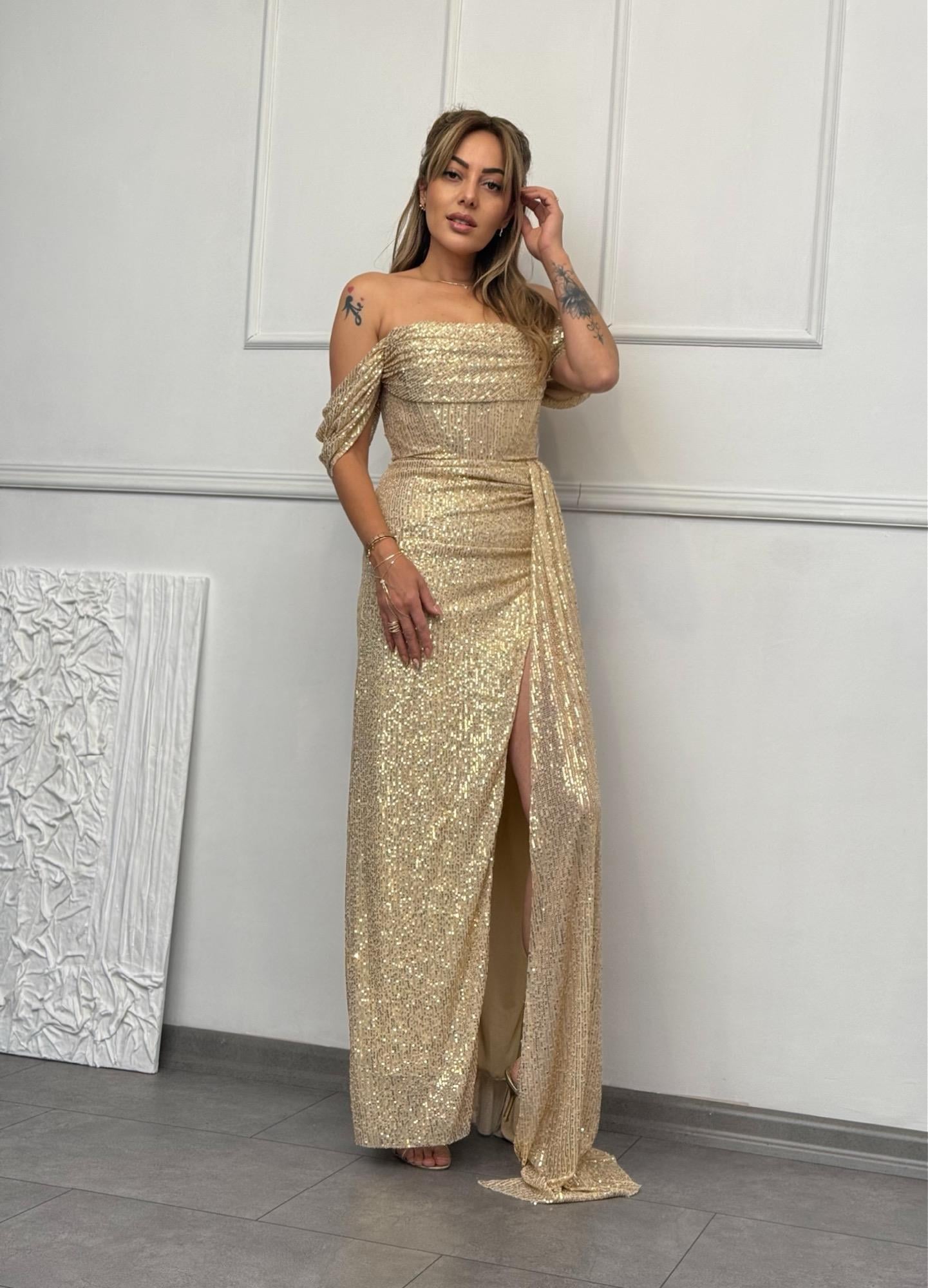 MODAYBUTİKMystic Velvet Shine Şampanya Gold Abiye
