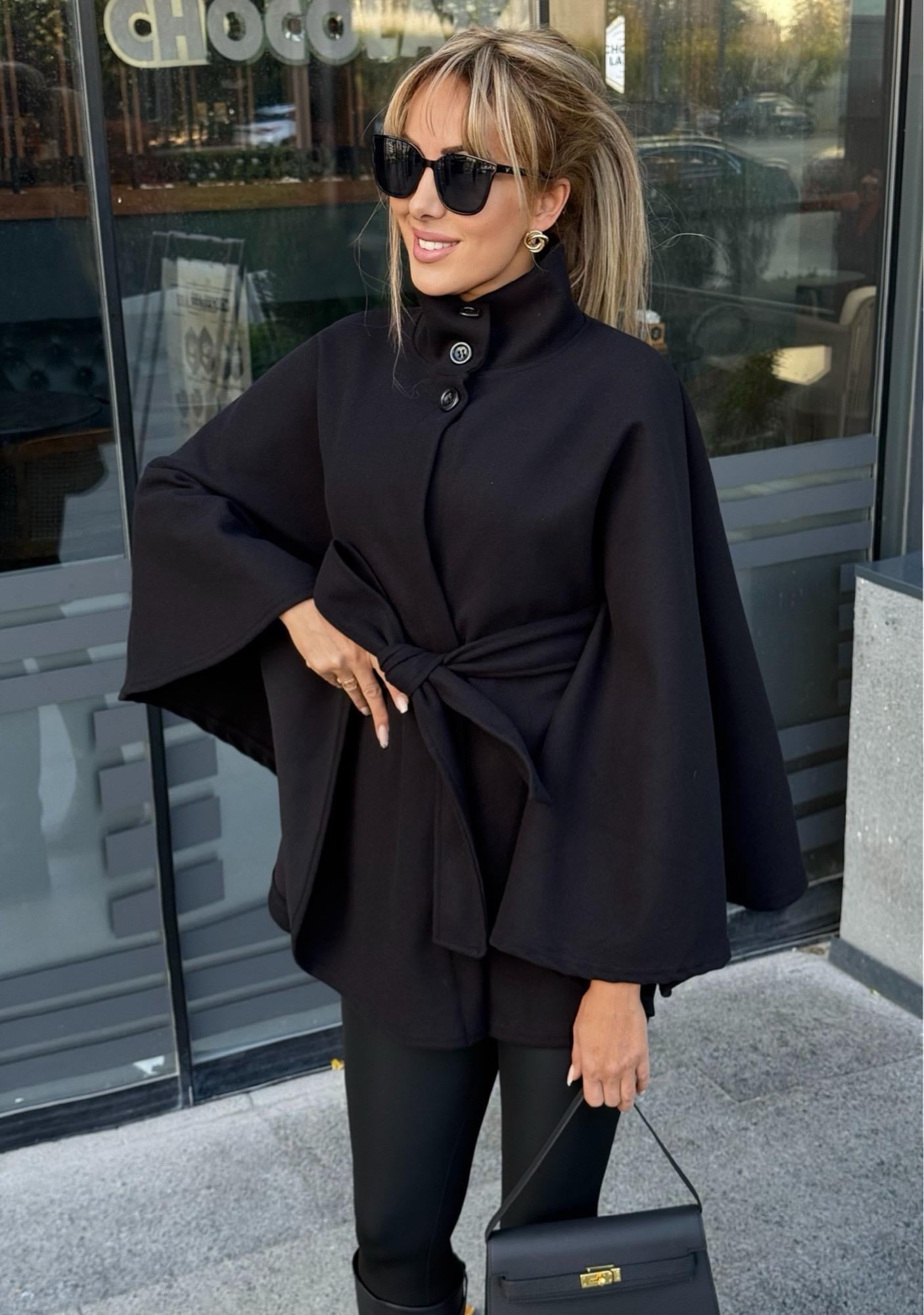 MODAYBUTİKNoble Style Siyah Kuşaklı Panço 