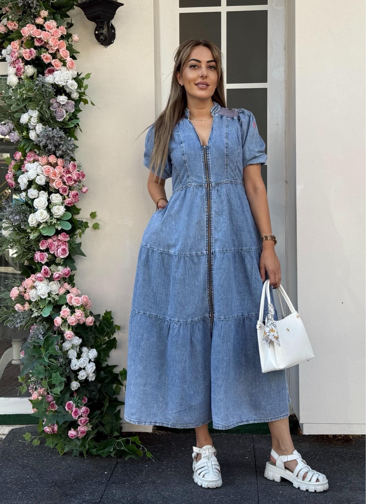 MODAYBUTİKÖnden Fermuarlı Balon Kol Maxi Boy Buz Mavisi Denim Elbise