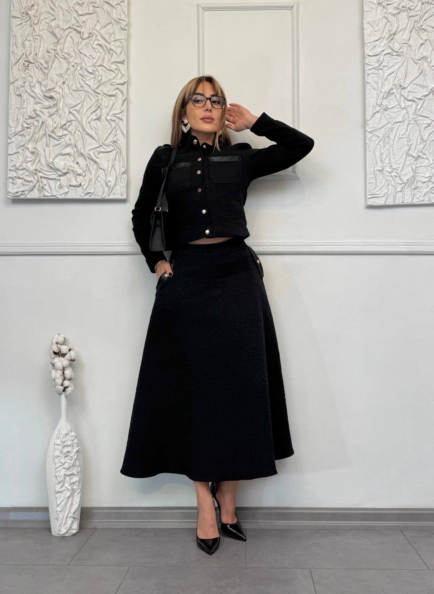 MODAYBUTİKOpera Black Deri Detaylı Etek Ceket Takım 