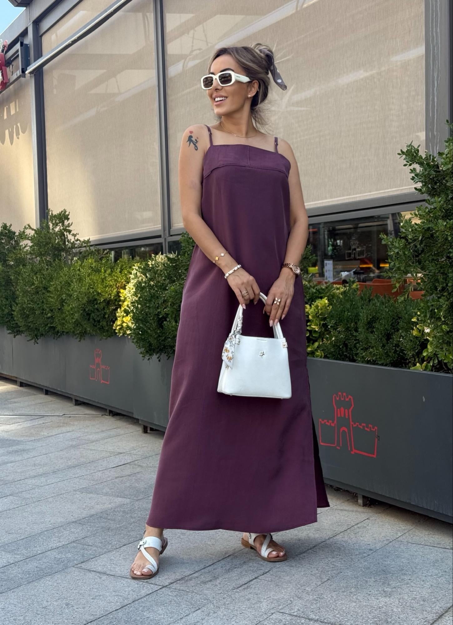 MODAYBUTİKPremium Askılı Bordo Yan Yırtmaçlı Maxi Boy Elbise