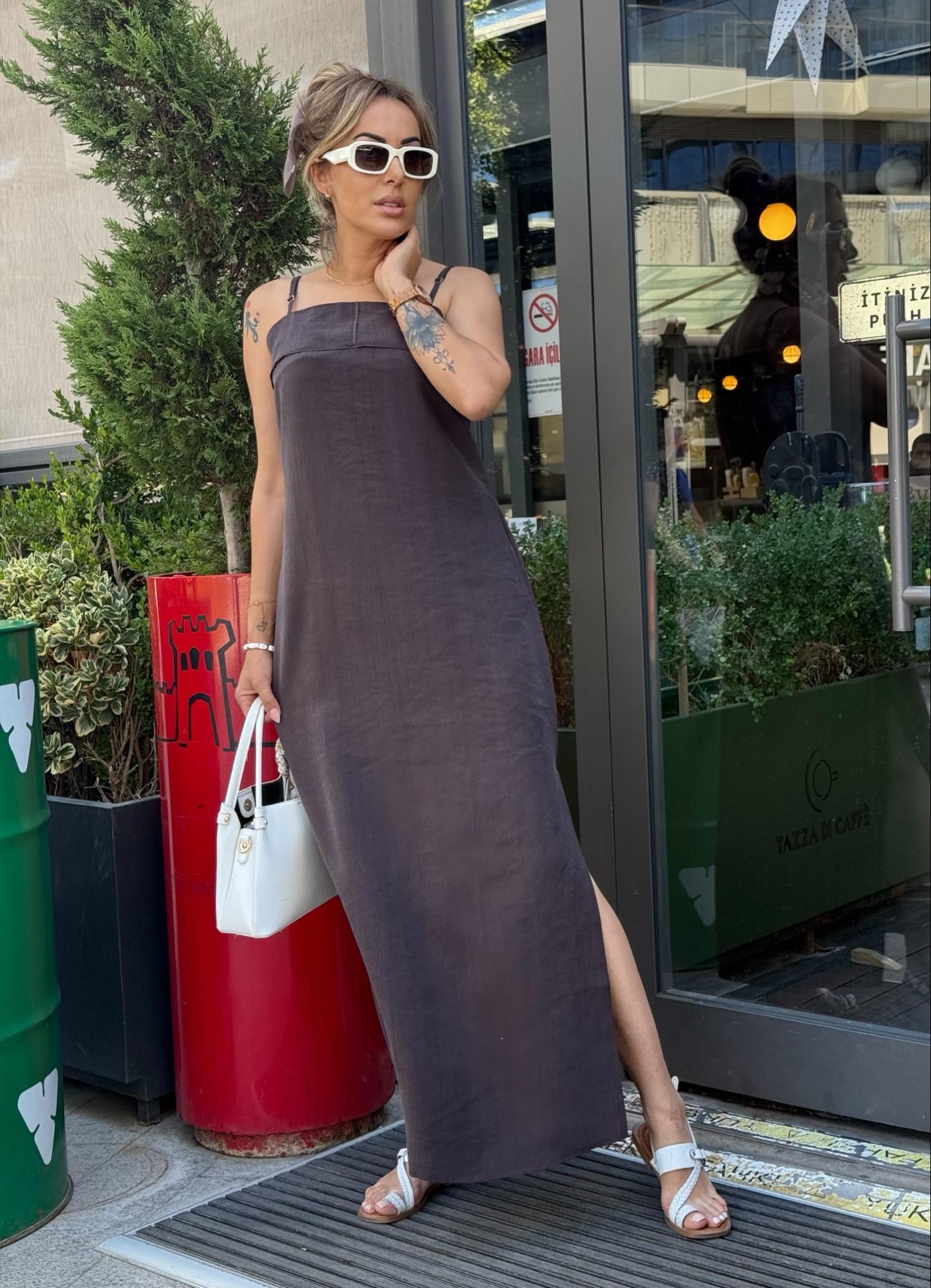MODAYBUTİKPremium Askılı Kahve Yan Yırtmaçlı Maxi Boy Elbise  