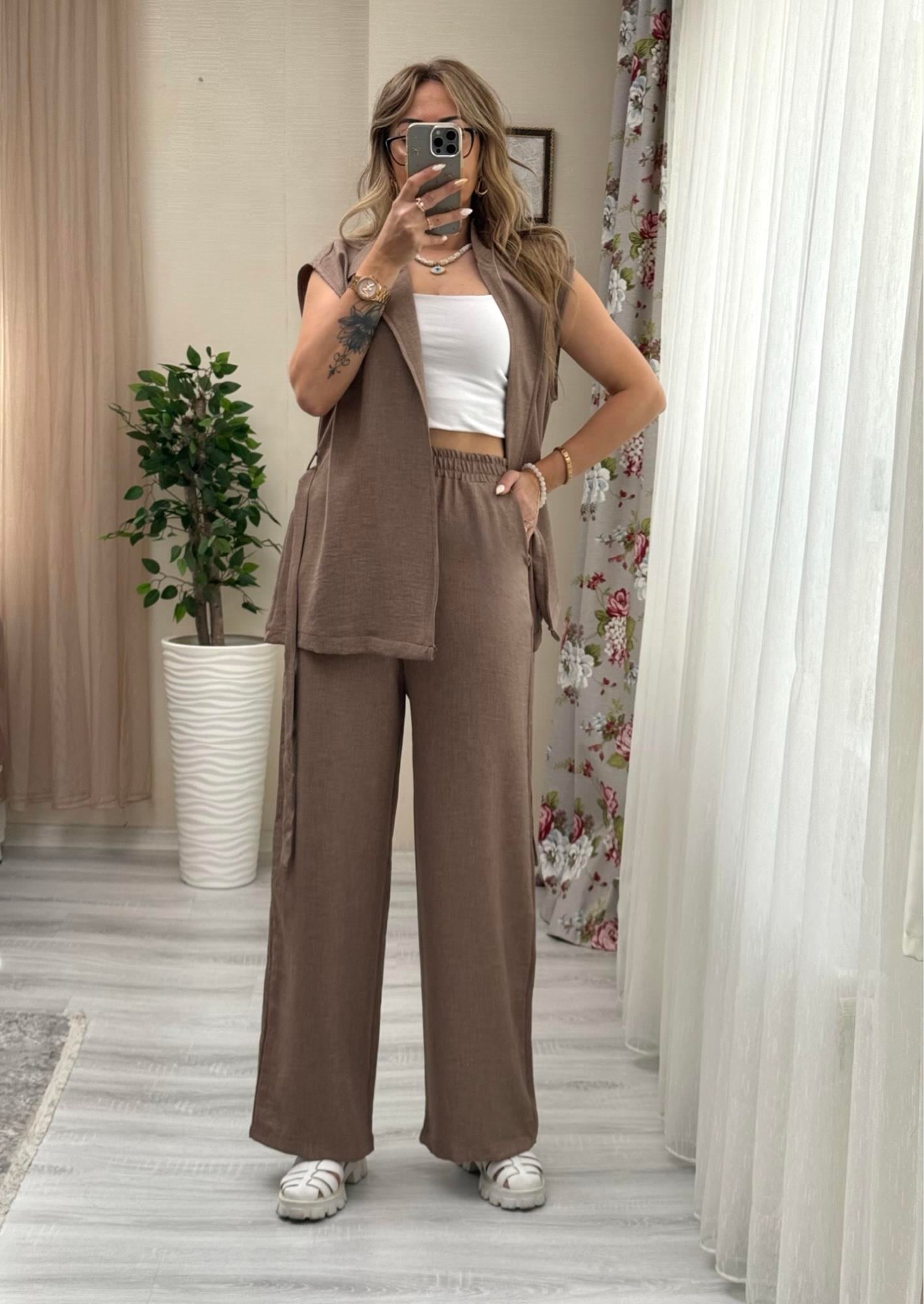 MODAYBUTİKPremium Bağlamalı Vizon Yelek Pantolon Takım