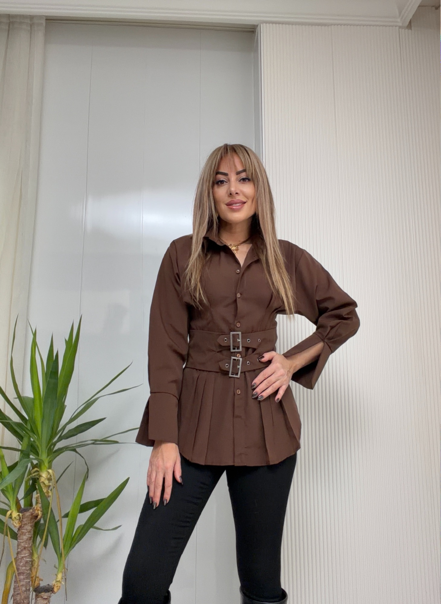 MODAYBUTİKPremium Kahve Kemer Detaylı Poplin Gömlek 