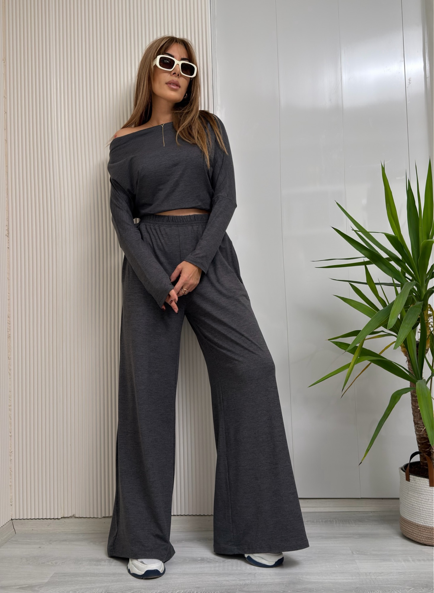 MODAYBUTİKPremium Kayık Yaka Antrasit Bluz Pantolon Takım