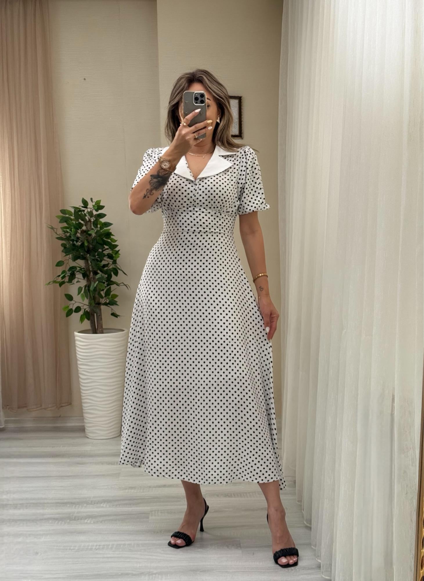 MODAYBUTİKPremium Vintage Puantiyeli Beyaz Elbise