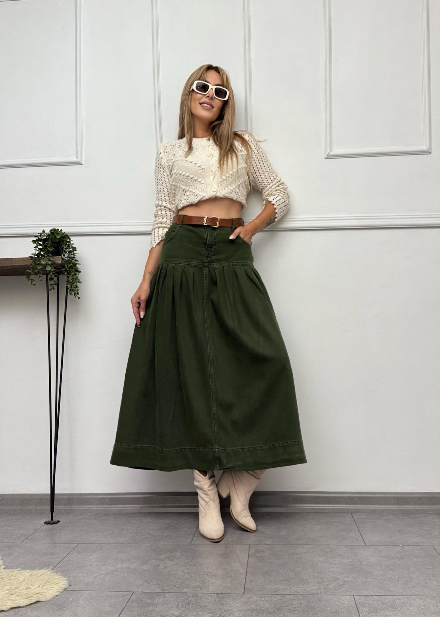 MODAYBUTİKRetro Denim A Form Yeşil Uzun Etek