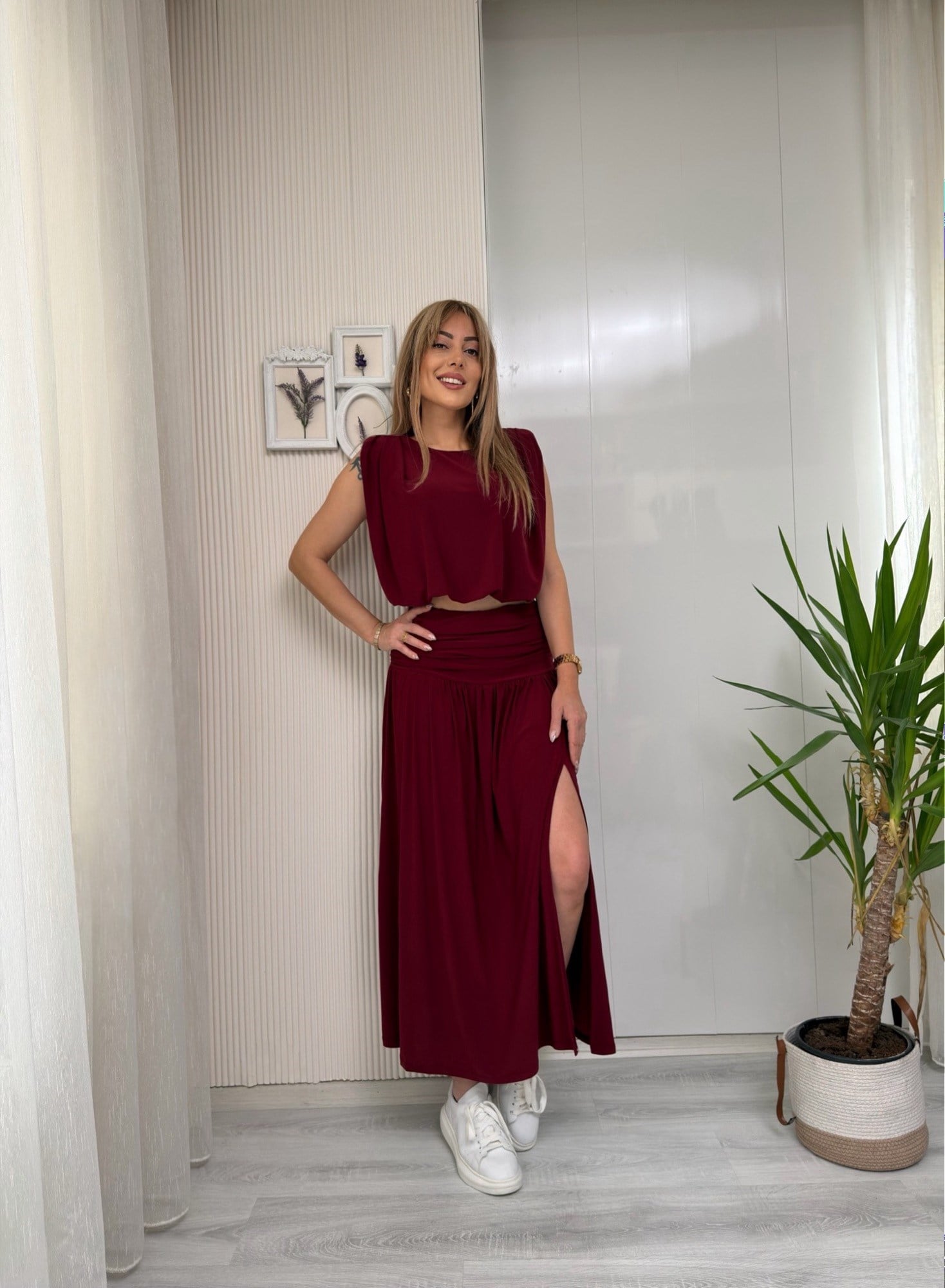 MODAYBUTİKScarlet Yırtmaç Detaylı Bordo İkili Takım 