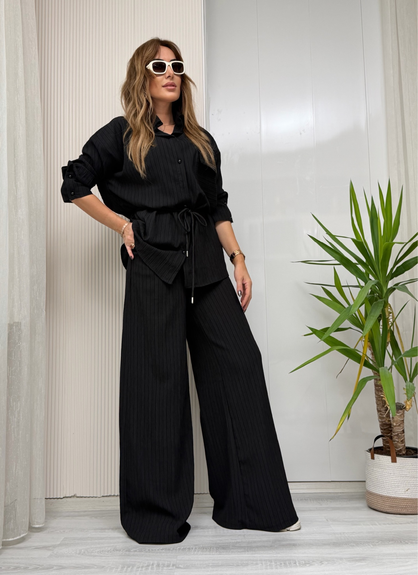 MODAYBUTİKSiyah Relax Fit Gömlek Pantolon Dokulu Takım