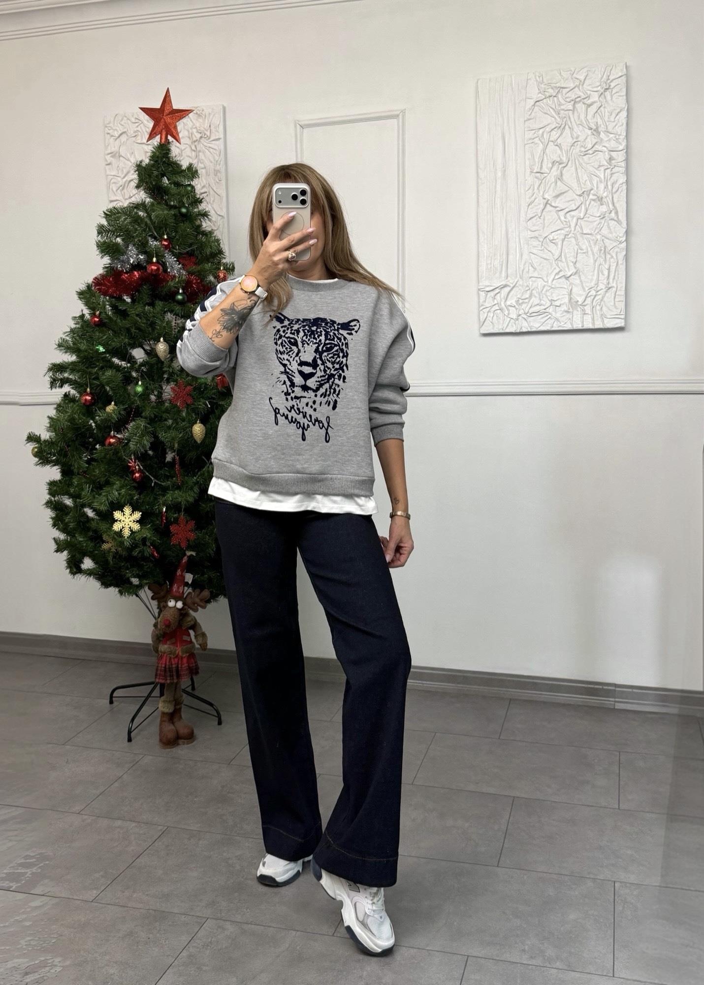 MODAYBUTİKTiger Mood Şerit Detaylı Gri Sweat