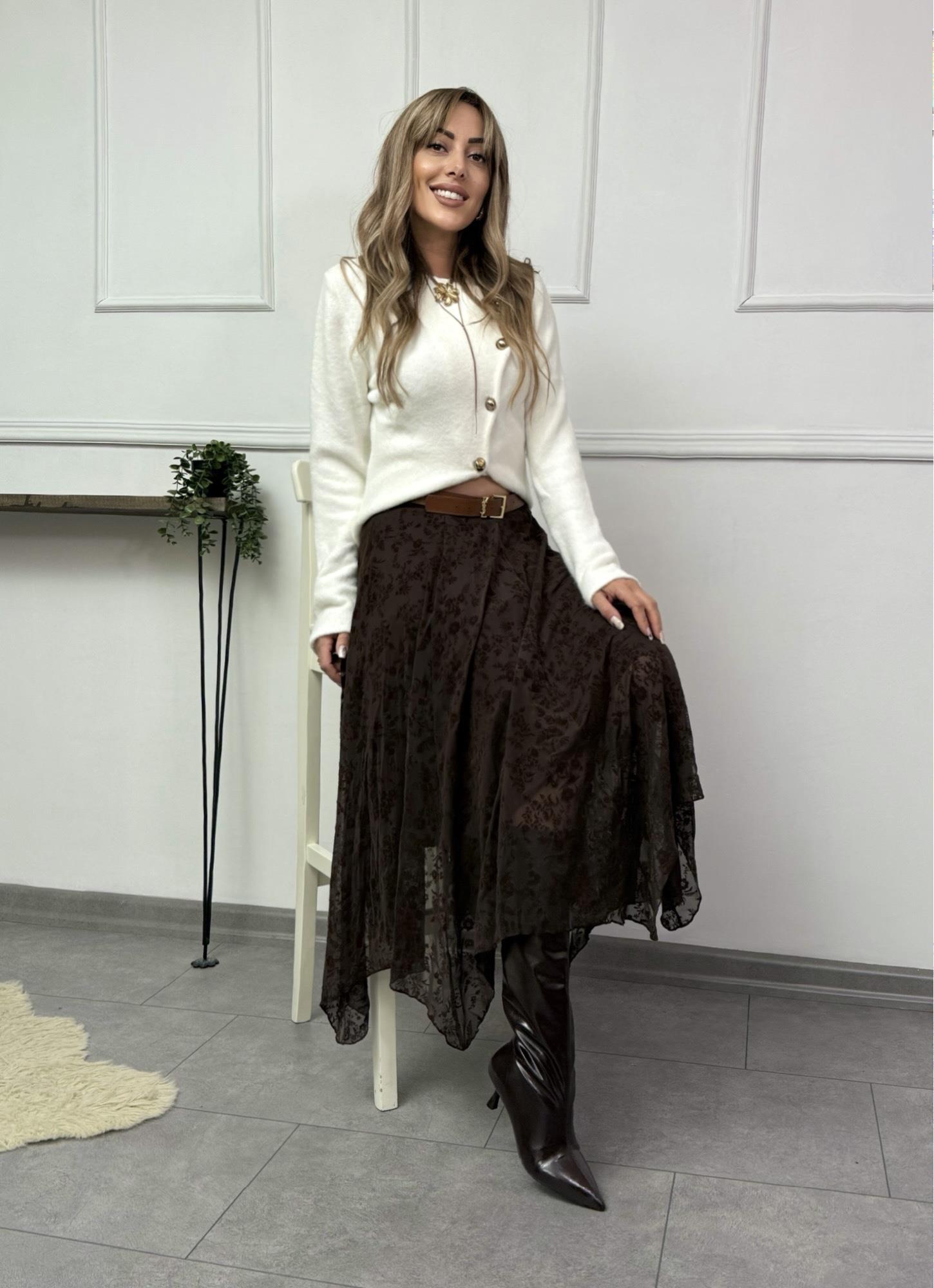 MODAYBUTİKVelvet Bloom Asimetrik Kahve Şifon Etek 