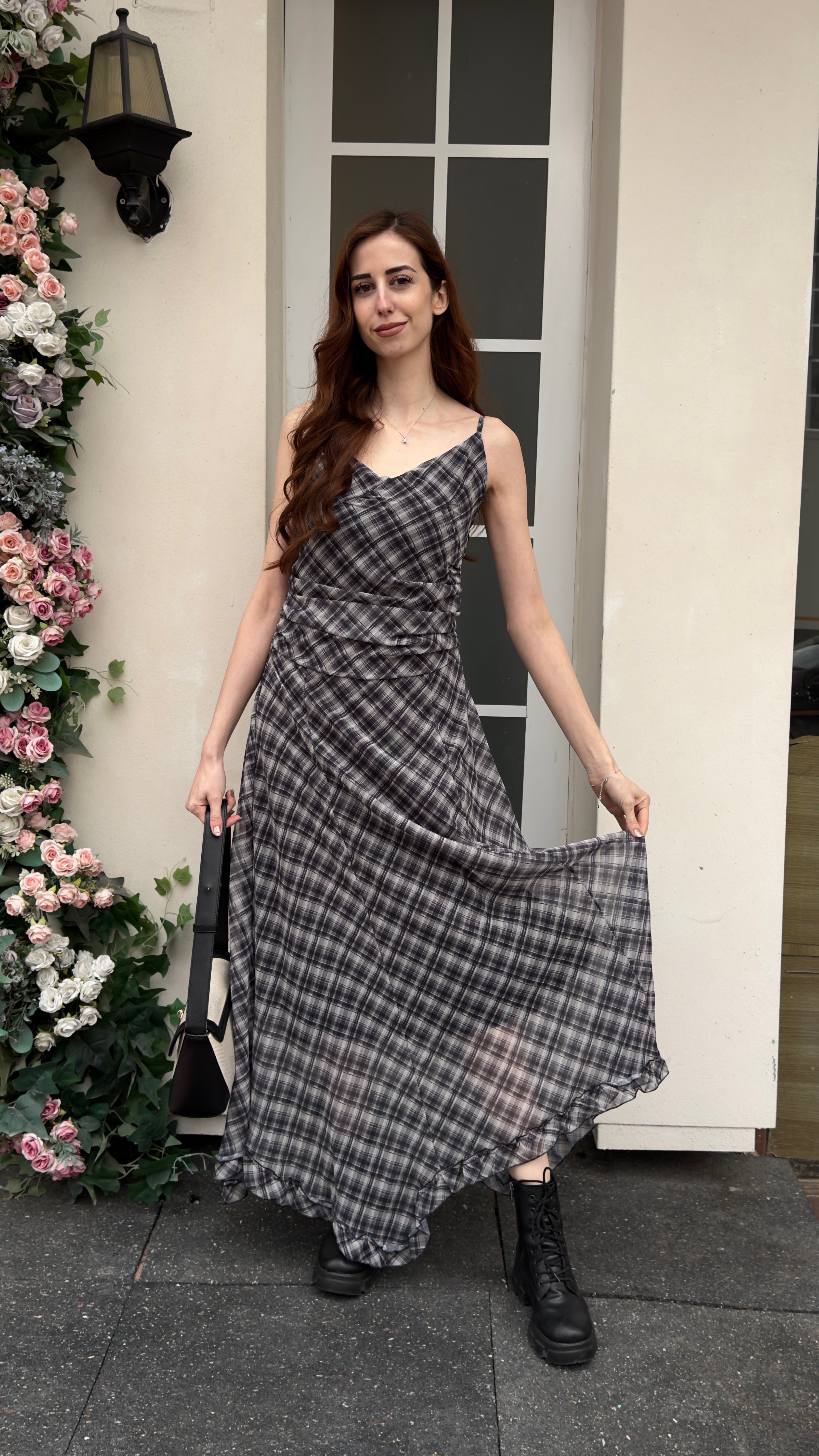 MODAYBUTİKVintage Ekose Drape Detaylı Maxi Elbise 