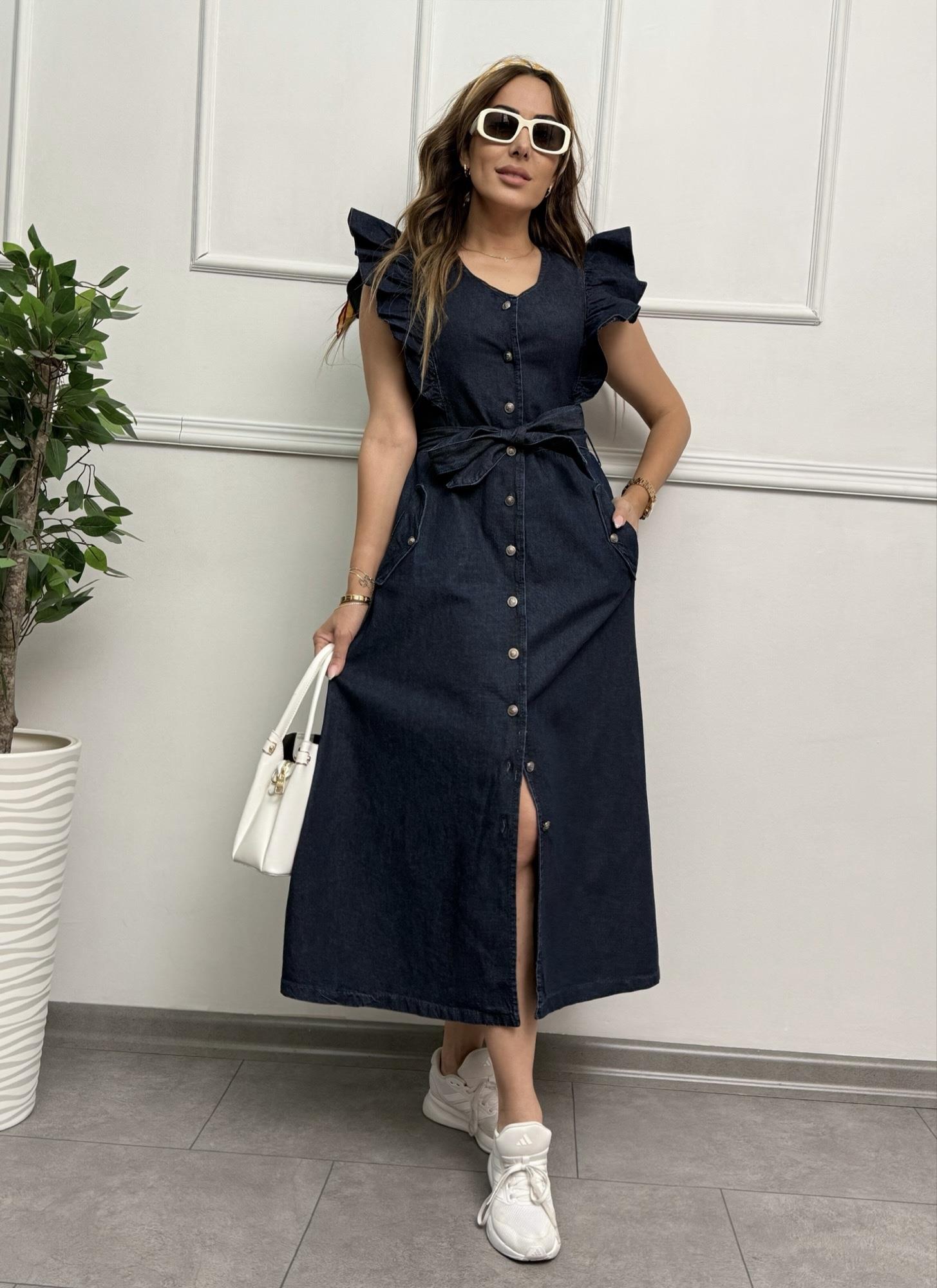 Omuzları Fırfır Detaylı Lacivert Denim Gömlek ElbiseYeni Gelenler ModayOmuzları Fırfır Detaylı Lacivert Denim Gömlek Elbise