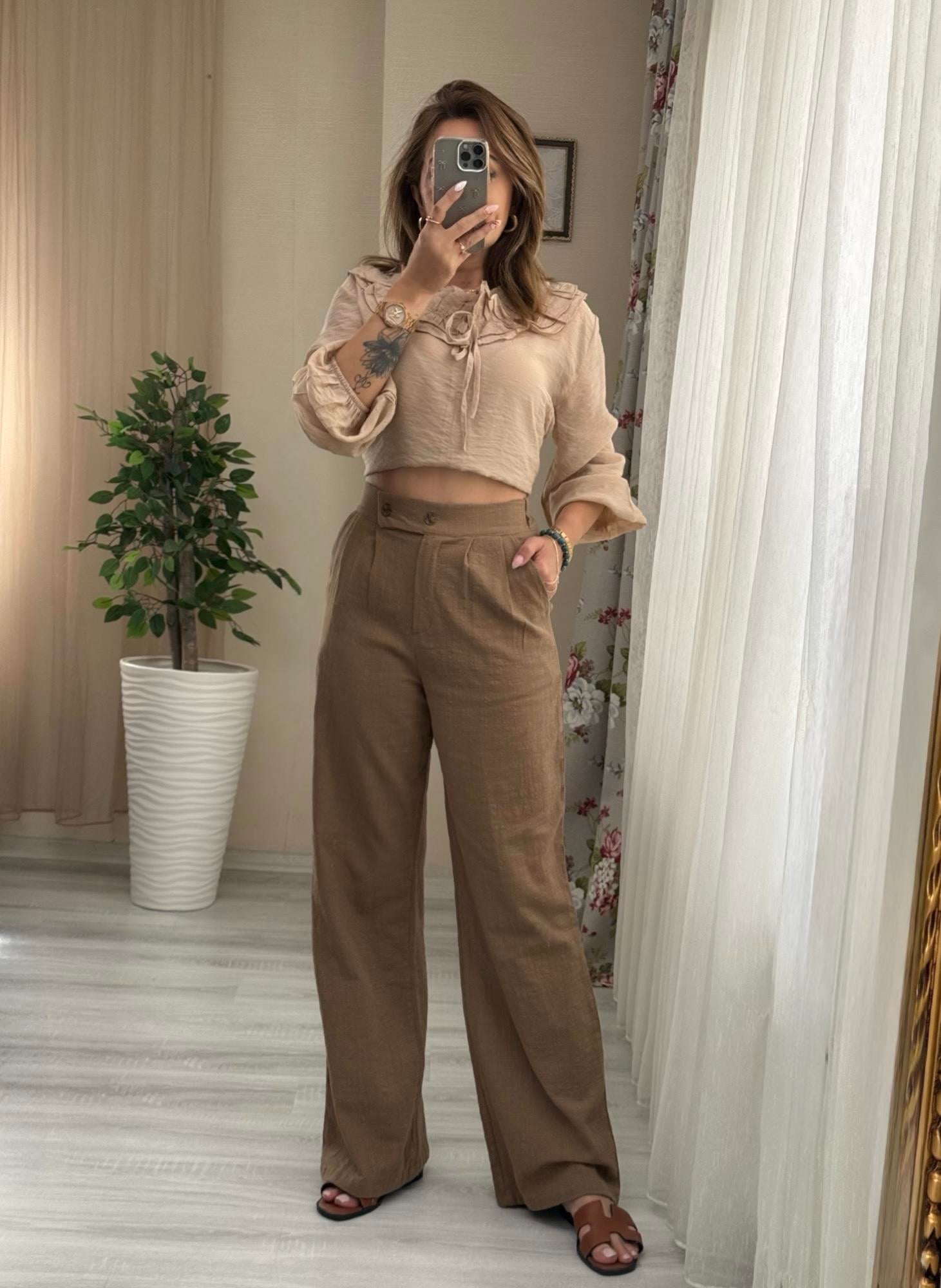 Premium Salaş Kahverengi Keten PantolonYeni Gelenler ModayPremium Salaş Kahverengi Keten Pantolon