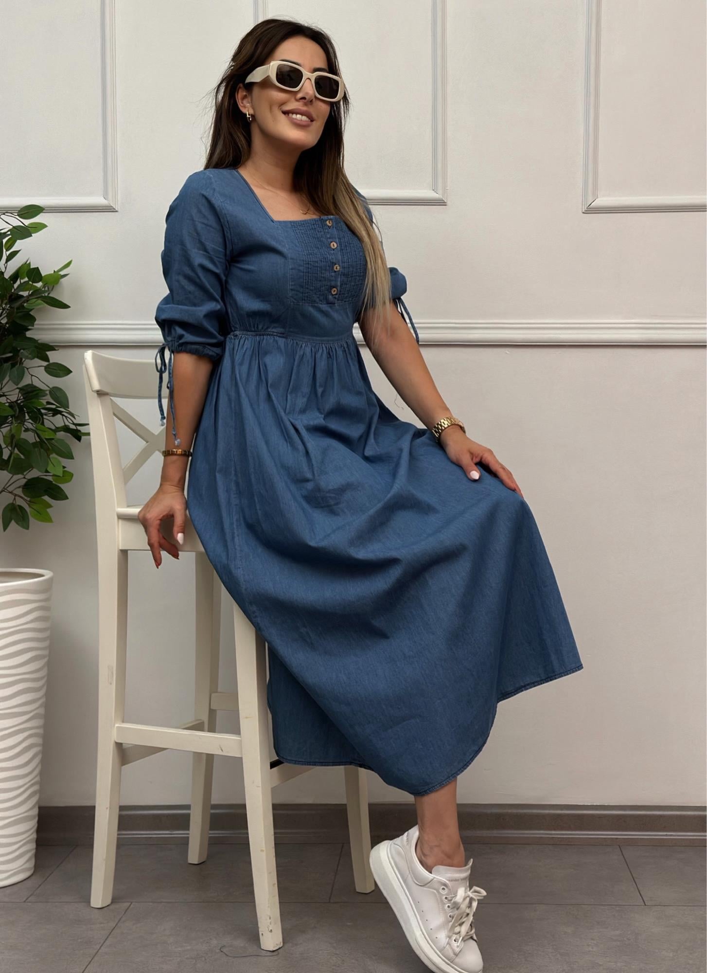 Prenses Kalıp Lacivert MidiBoy Kot ElbiseYeni Gelenler ModayPrenses Kalıp Lacivert MidiBoy Kot Elbise