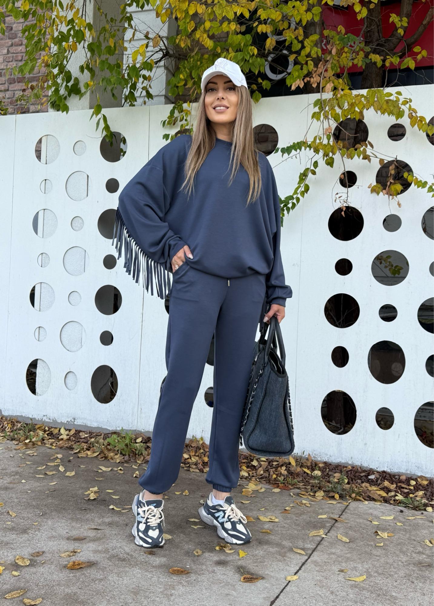 Püskül Detaylı Modal İndigo Eşofman TakımıYeni Gelenler ModayPüskül Detaylı Modal İndigo Eşofman Takımı