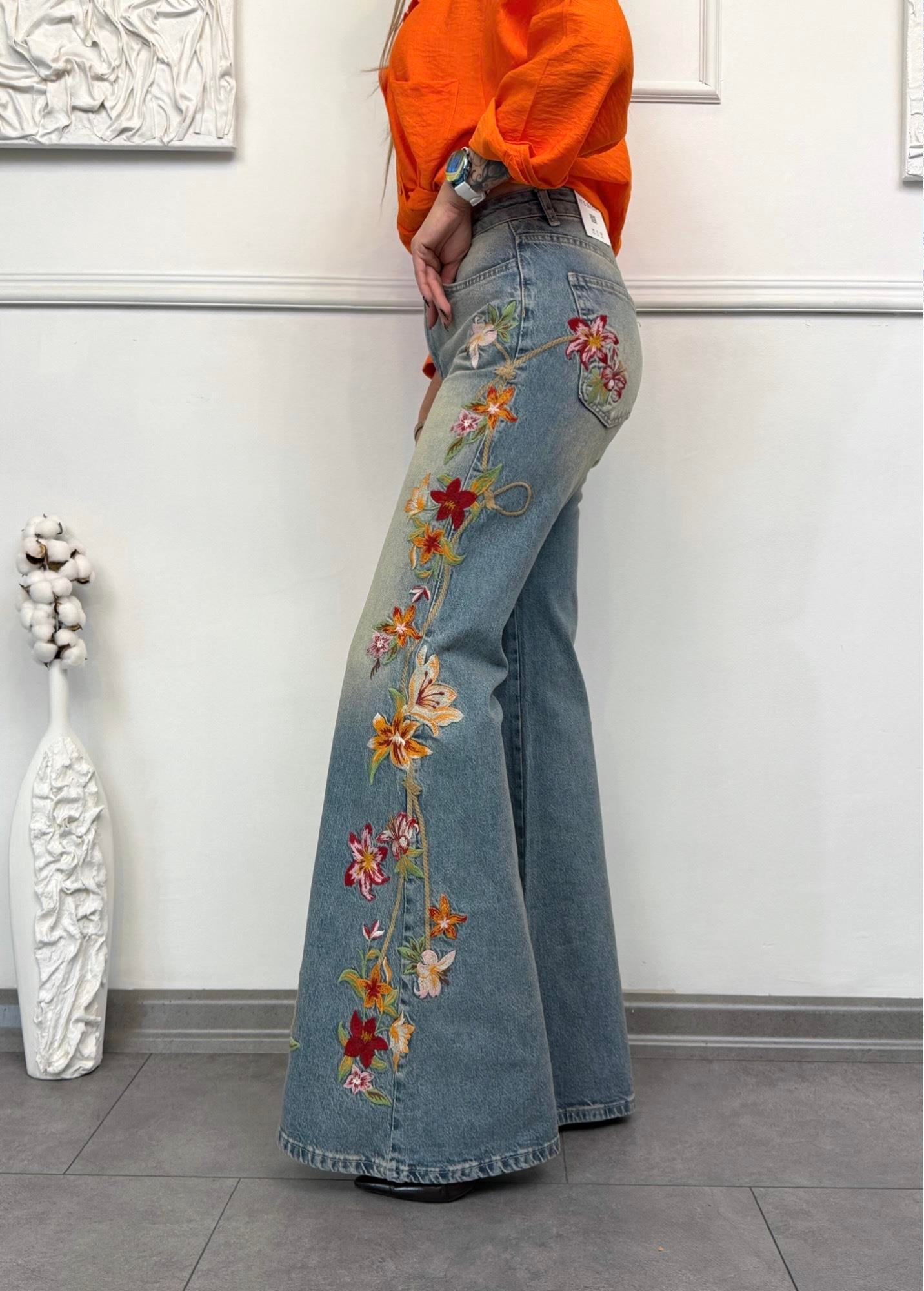Rosella Nakışlı Wide Leg Denim Jean