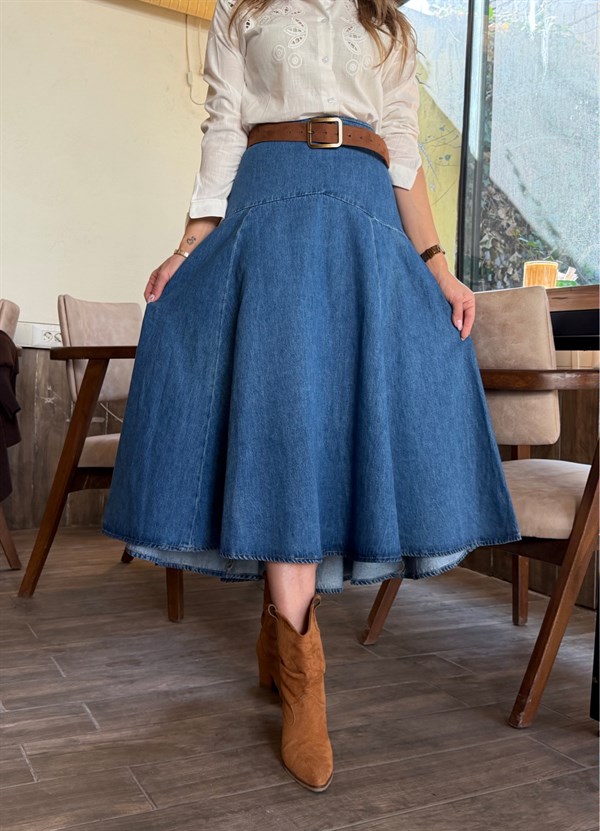 Aura Luxe Yüksel Bel Midi Denim Etek