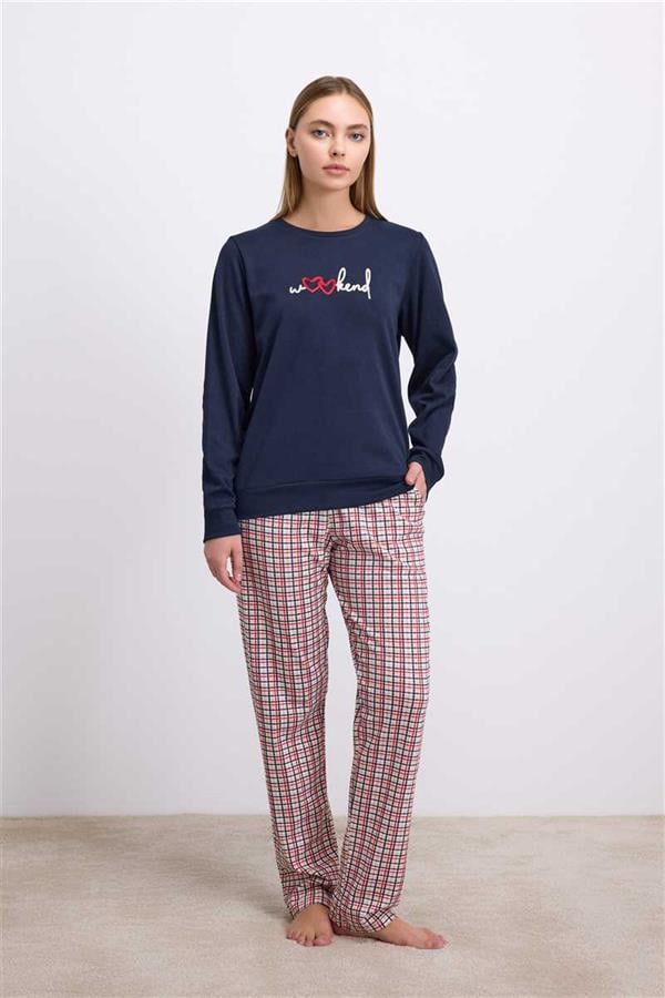 Arias Closet %100 Pamuklu Uzun Kol Sweatshirt ve Ekose Pantolon Pijama Takımı