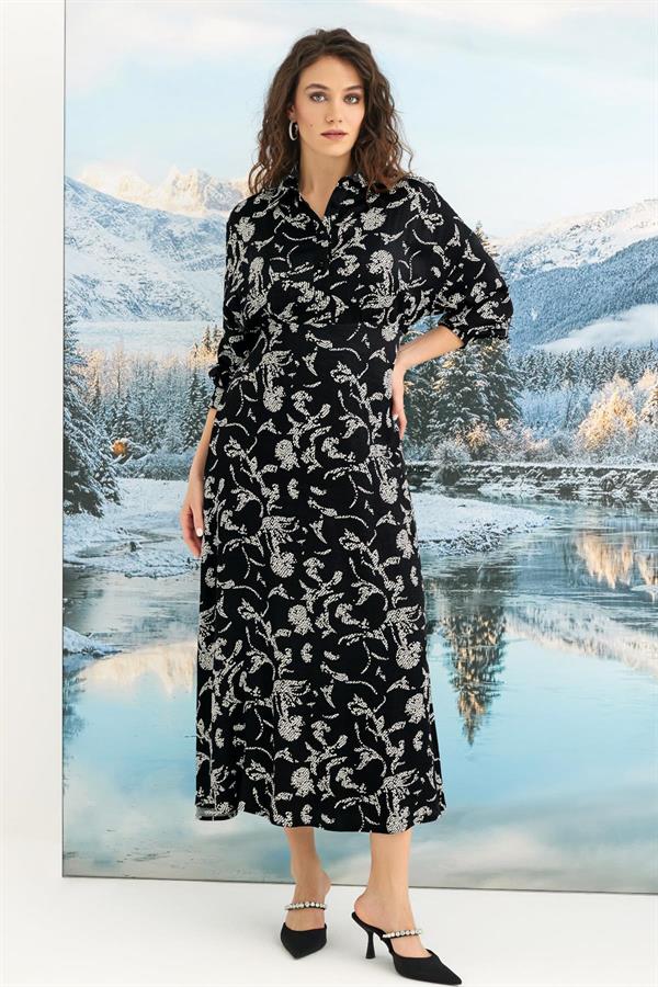 Arias Closet %100 Viskon Desenli Truvakar Kollu Saten Elbise