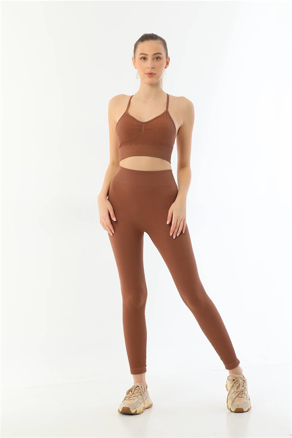 Arias Closet Kahve MI Emay 3921 Soft Seamless Ripli Tayt Yoga Takımı