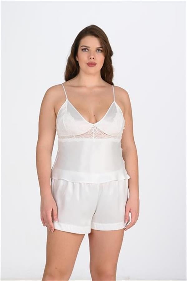 Arias Closet Büyük Beden Ekru Saten Şort Takımı