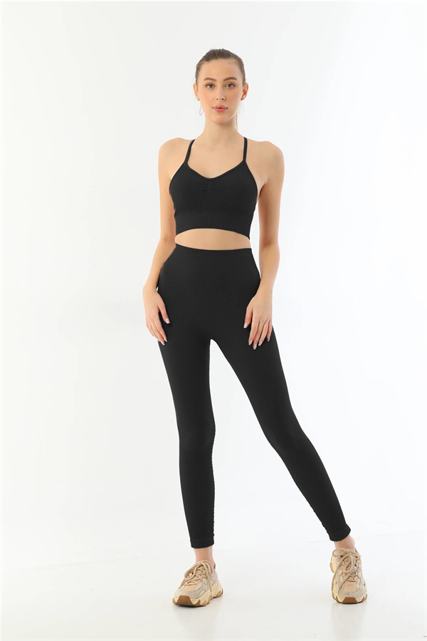 Arias Closet Siyah MI Emay 3921 Soft Seamless Ripli Tayt Yoga Takımı