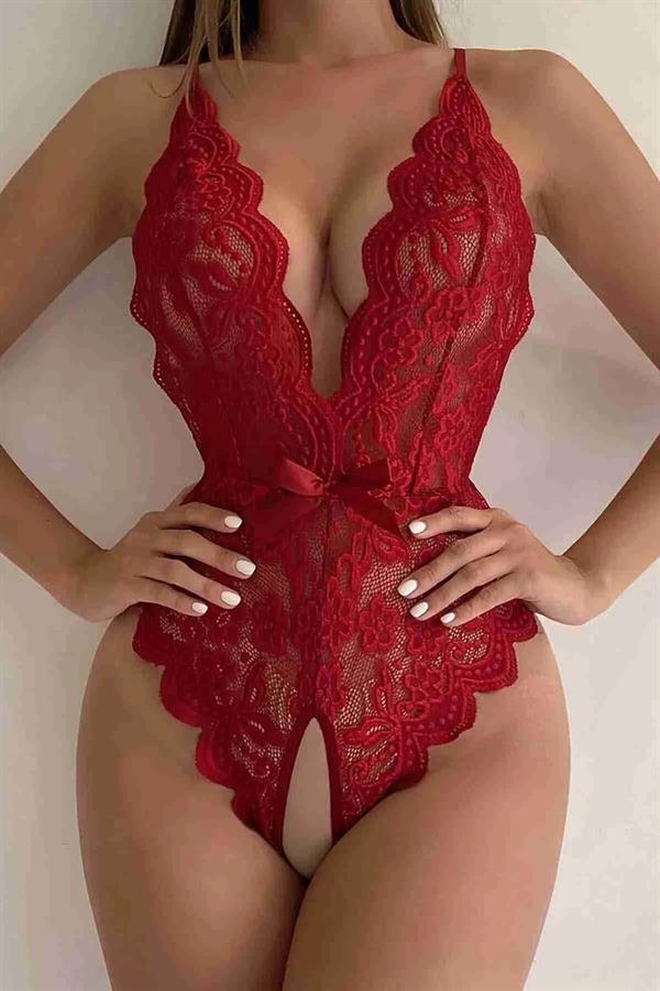 Arias Closet Kırmızı Özel Bölgesi Açık Fiyonklu Dantel Fantezi Body