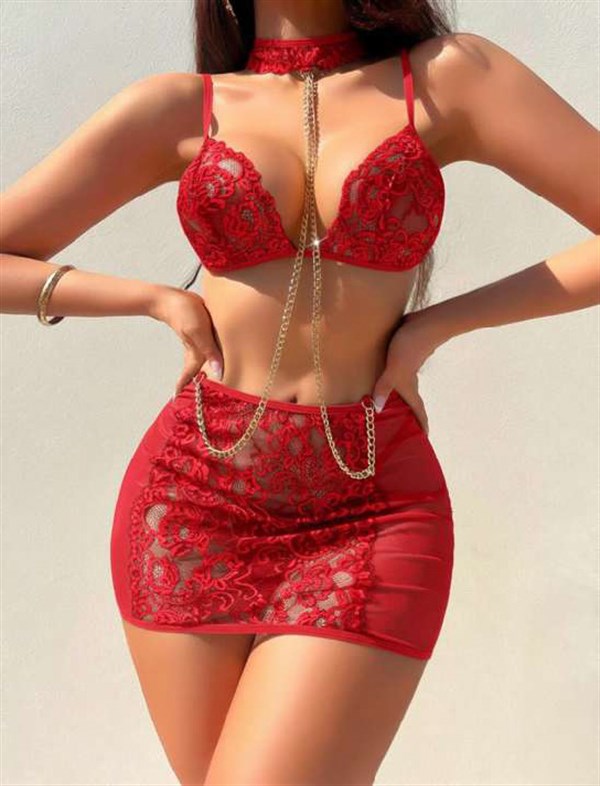 Arias Closet Kırmızı Transparan Dantel İşlemeli Zincir Detaylı Fantezi Takım