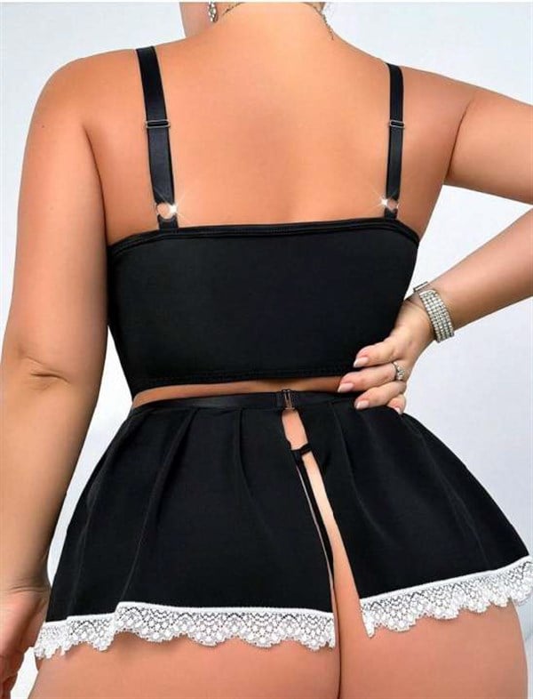 Arias Closet Özel Tasarım Büyük Beden Siyah Dantel İşlemeli Bacak Bantlı Fantezi Hizmetçi Kostümü
