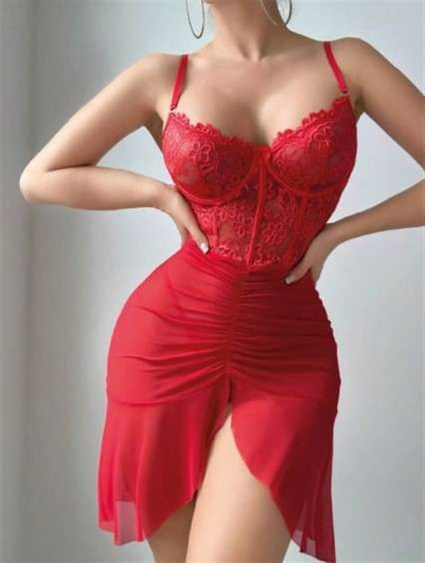 Arias Closet Özel Tasarım Fırfırlı Dantel İşlemeli Tül Fantezi Kırmızı Gecelik