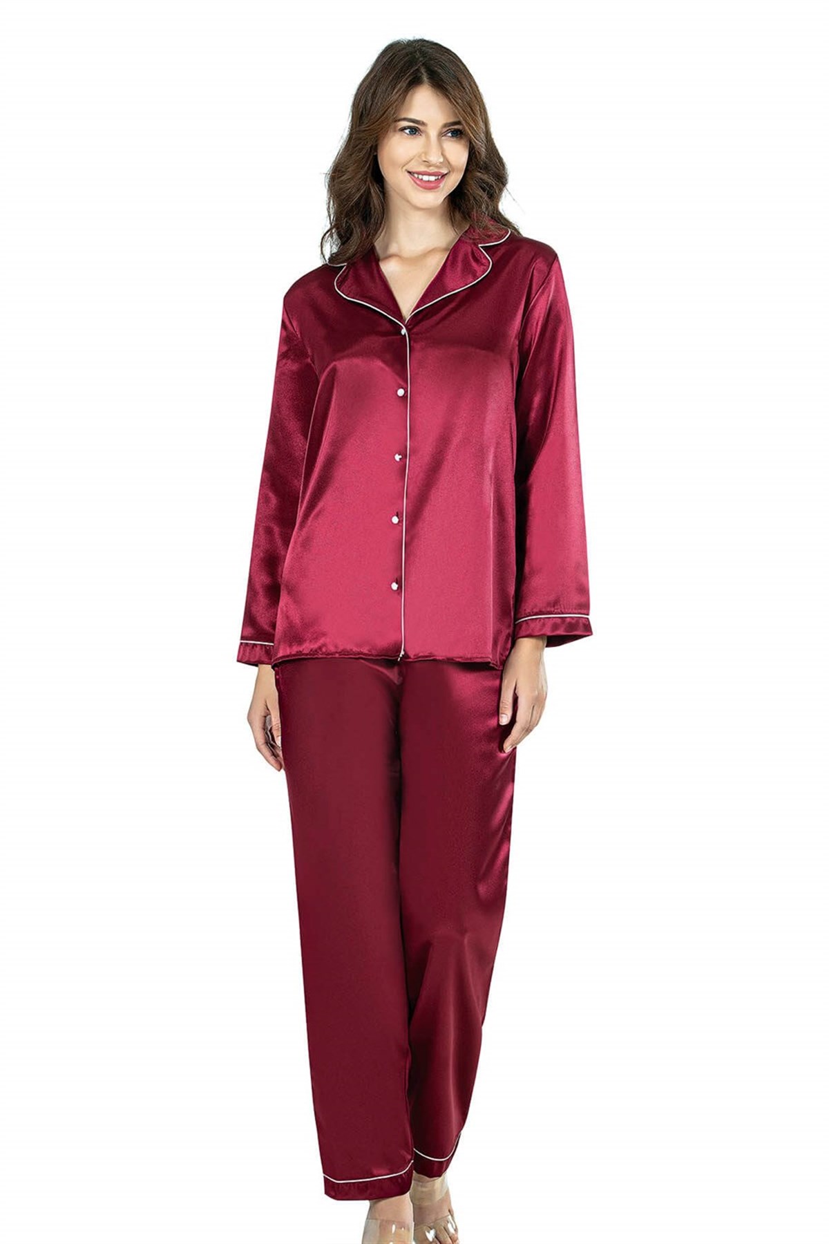 Ahu Bordo İkili Saten Gecelik Pijama Takımı 7647