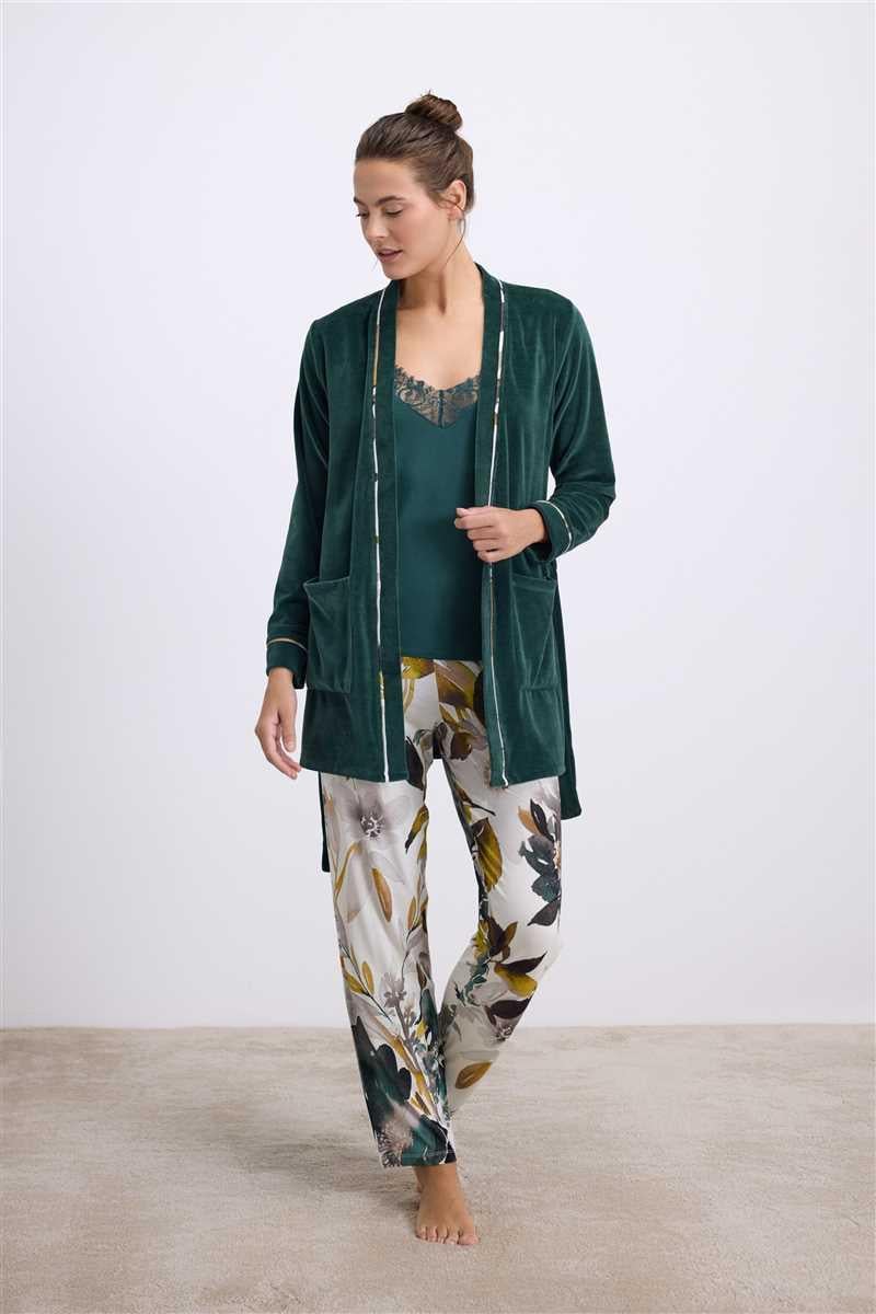 Anıl Kadın Kadife Sabahlık, Dantelli Atlet ve Desenli Pantolon Pijama Takım 11554