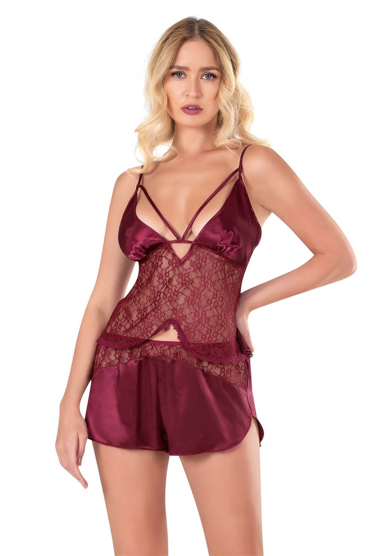 Primoda Bordo Saten Babydoll Şort Takımı 9118