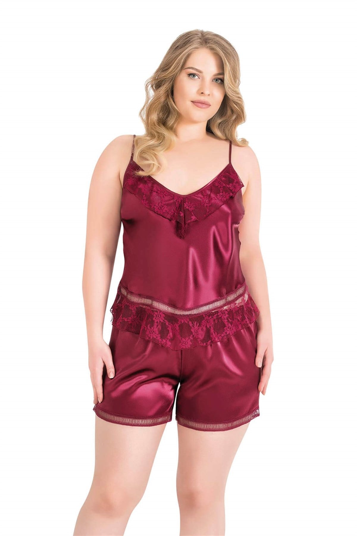Primoda Büyük Beden Bordo Saten Babydoll Şort Takımı 1053