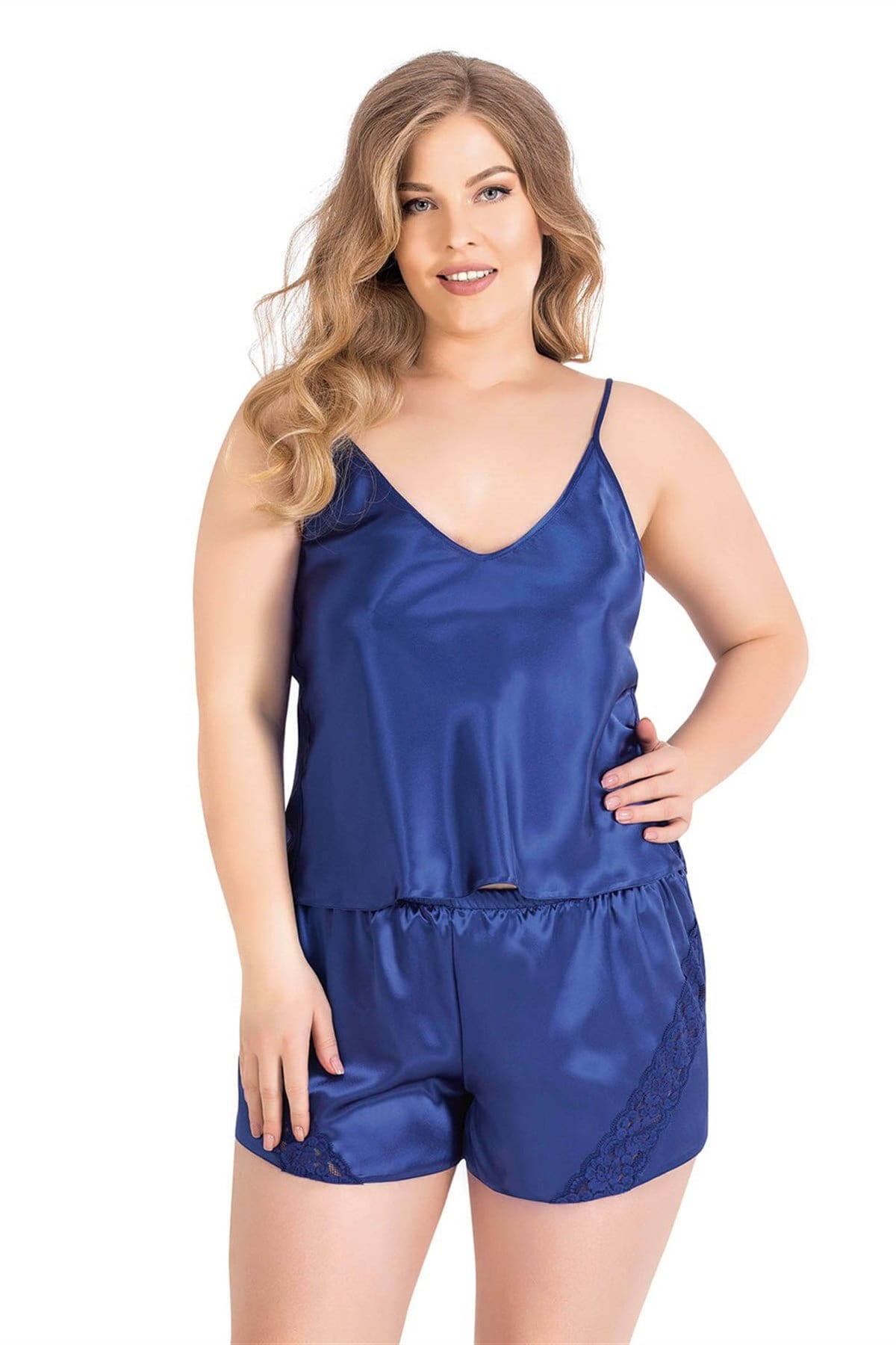 Primoda Büyük Beden Saks Saten Babydoll Şort Takımı 1061